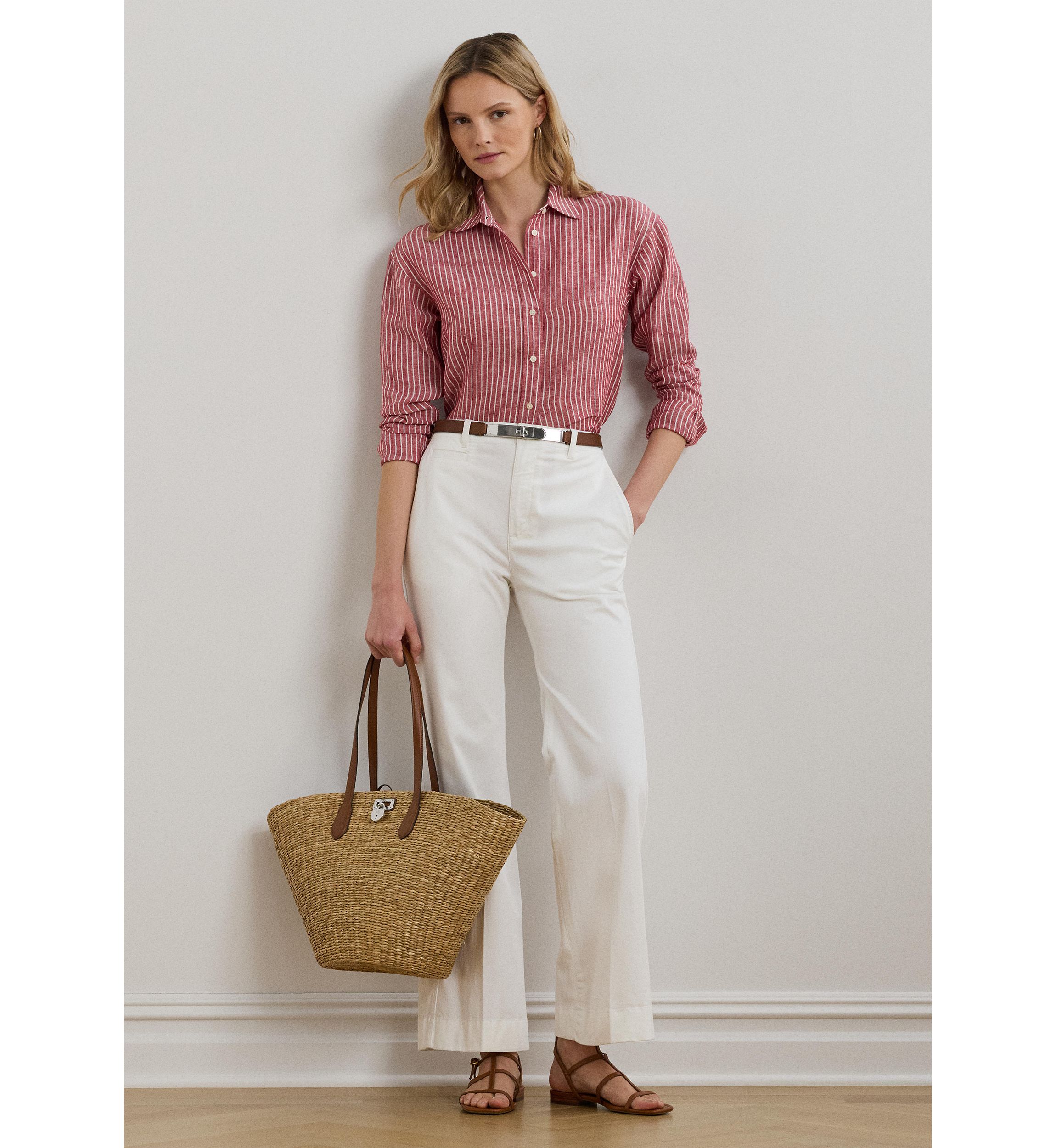 Womens Petite Relaxed Fit Striped Linen Shirt