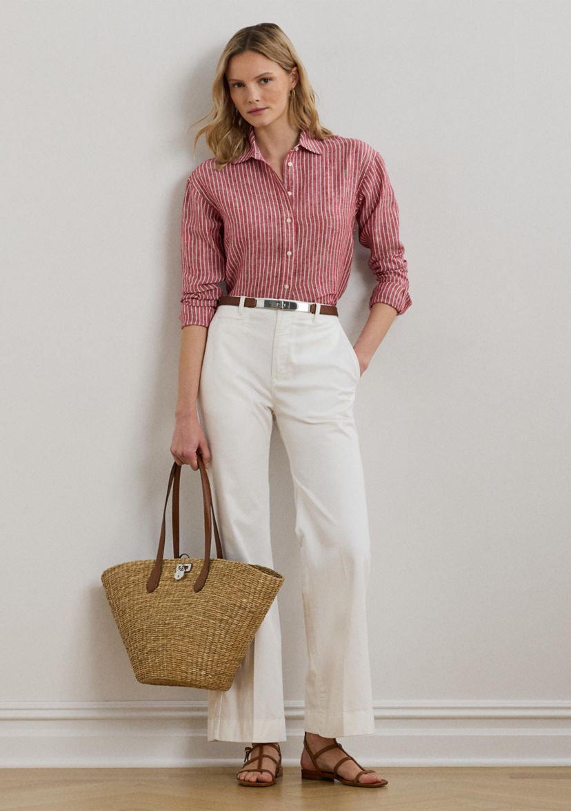 Womens Petite Relaxed Fit Striped Linen Shirt