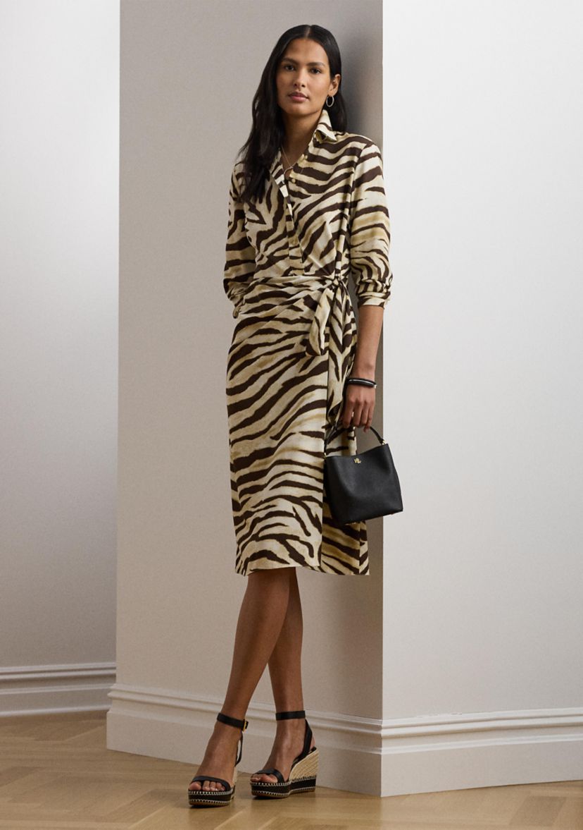 Petite Zebra-Print Tie-Front Crepe Shirtdress