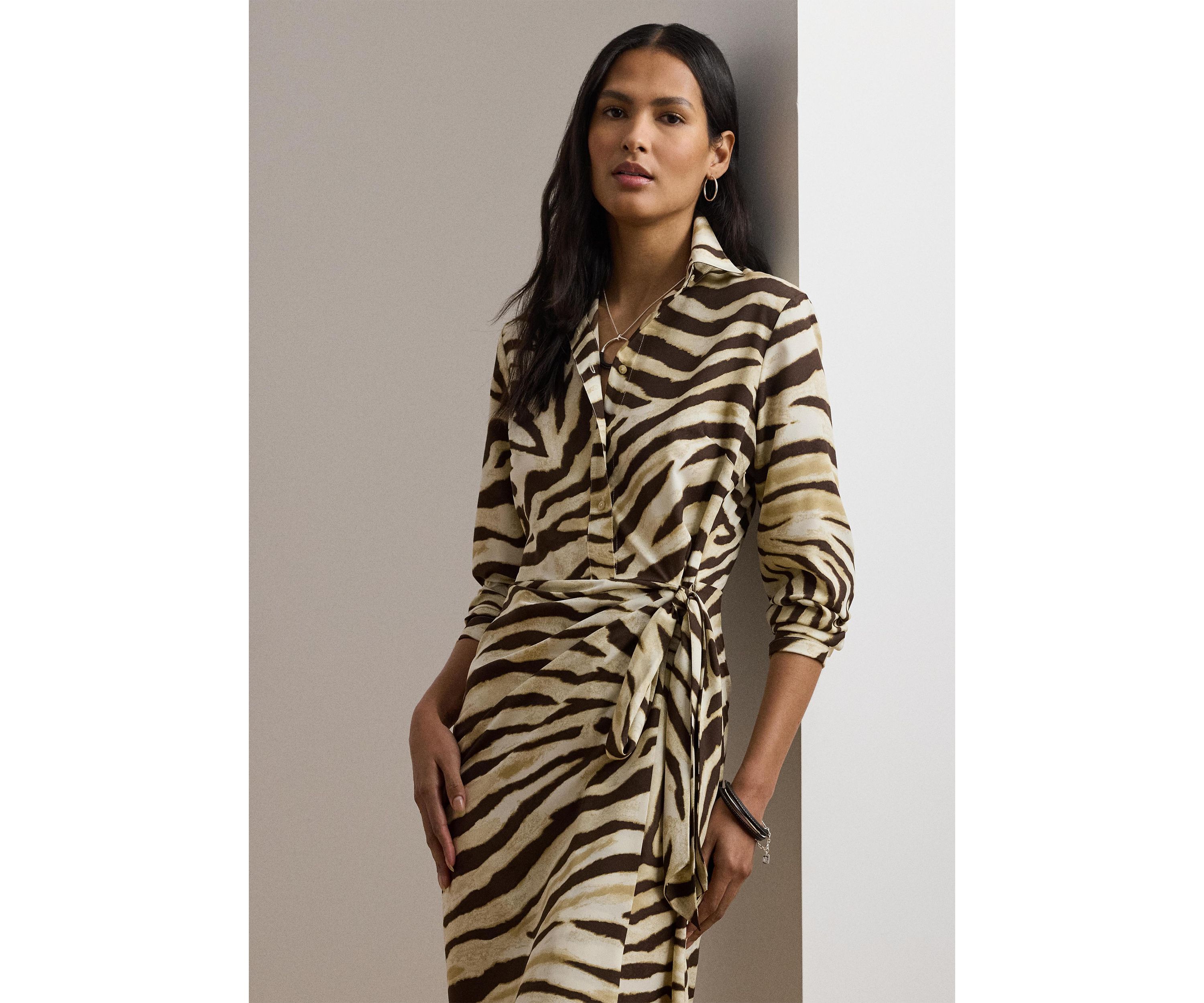 Petite Zebra-Print Tie-Front Crepe Shirtdress
