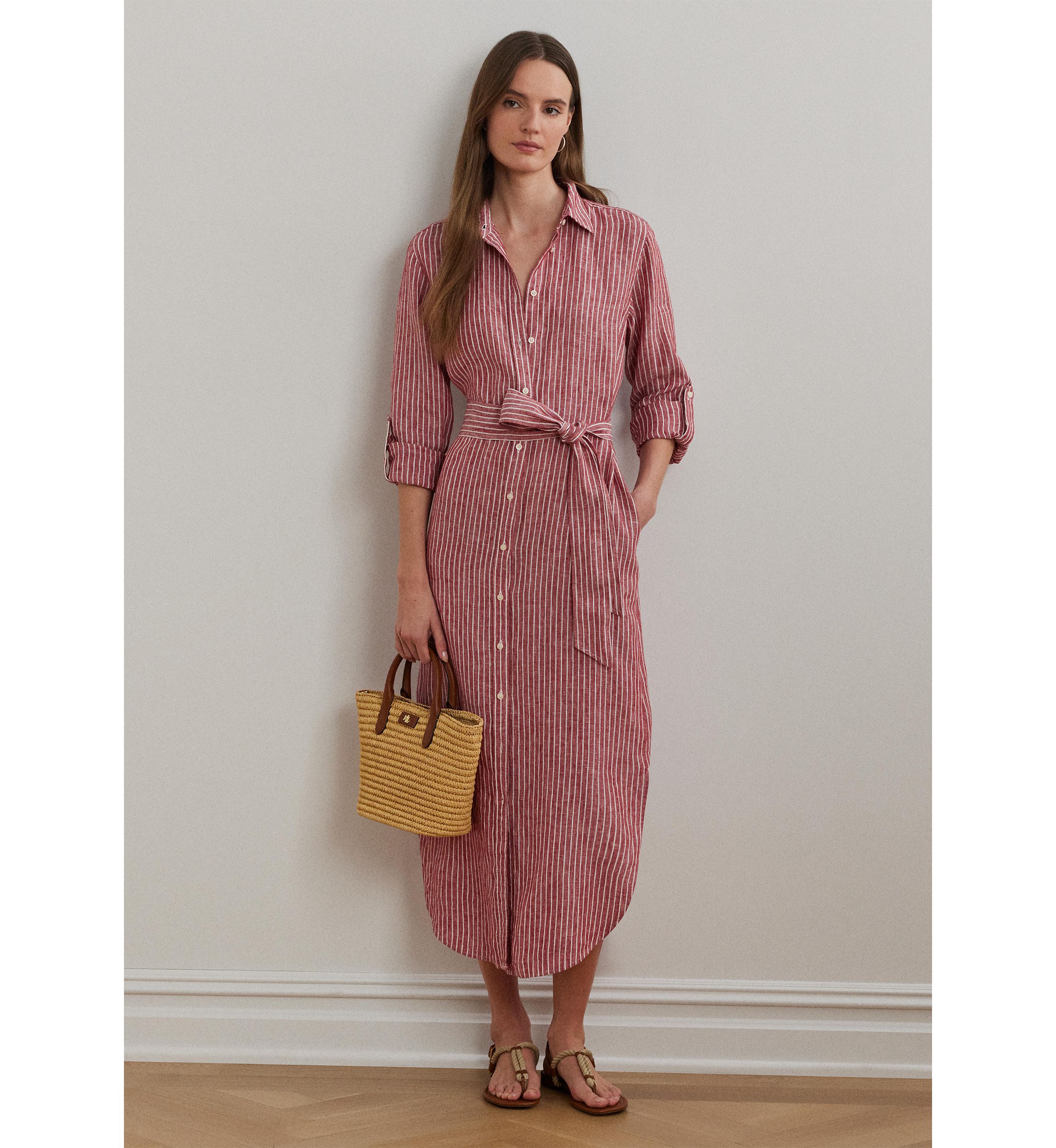 Petite Striped Linen Roll-Tab-Sleeve Shirtdress