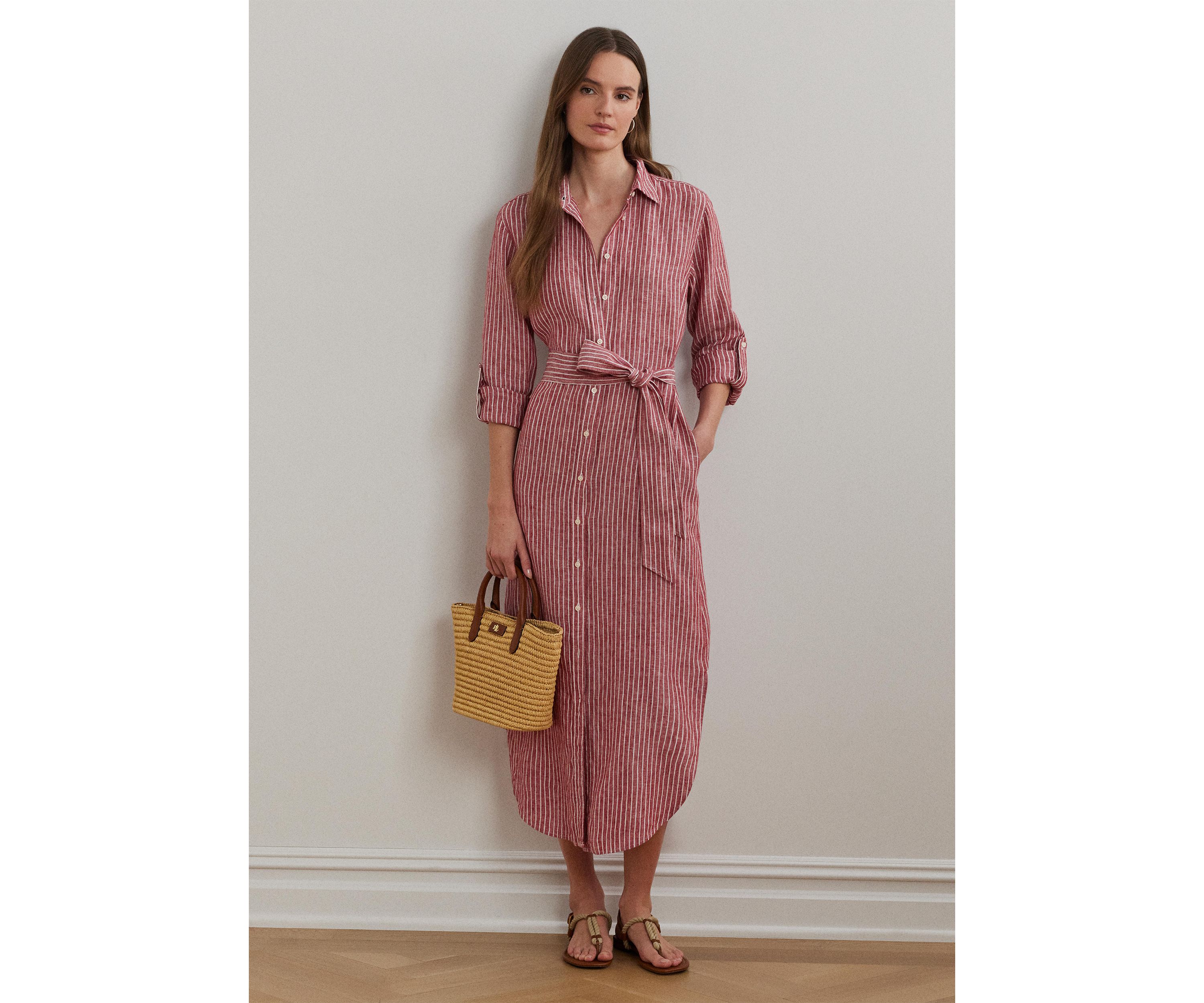 Petite Striped Linen Roll-Tab-Sleeve Shirtdress