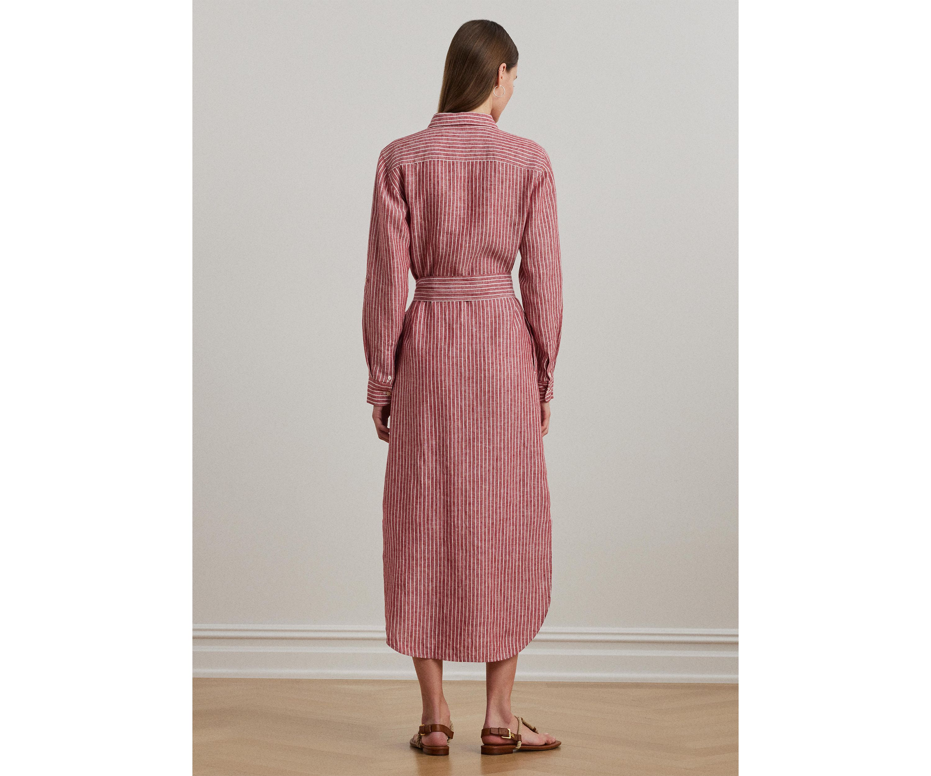 Petite Striped Linen Roll-Tab-Sleeve Shirtdress