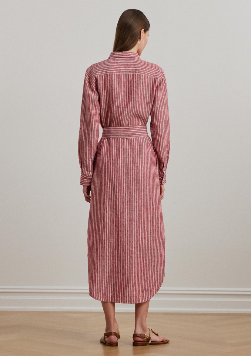 Petite Striped Linen Roll-Tab-Sleeve Shirtdress