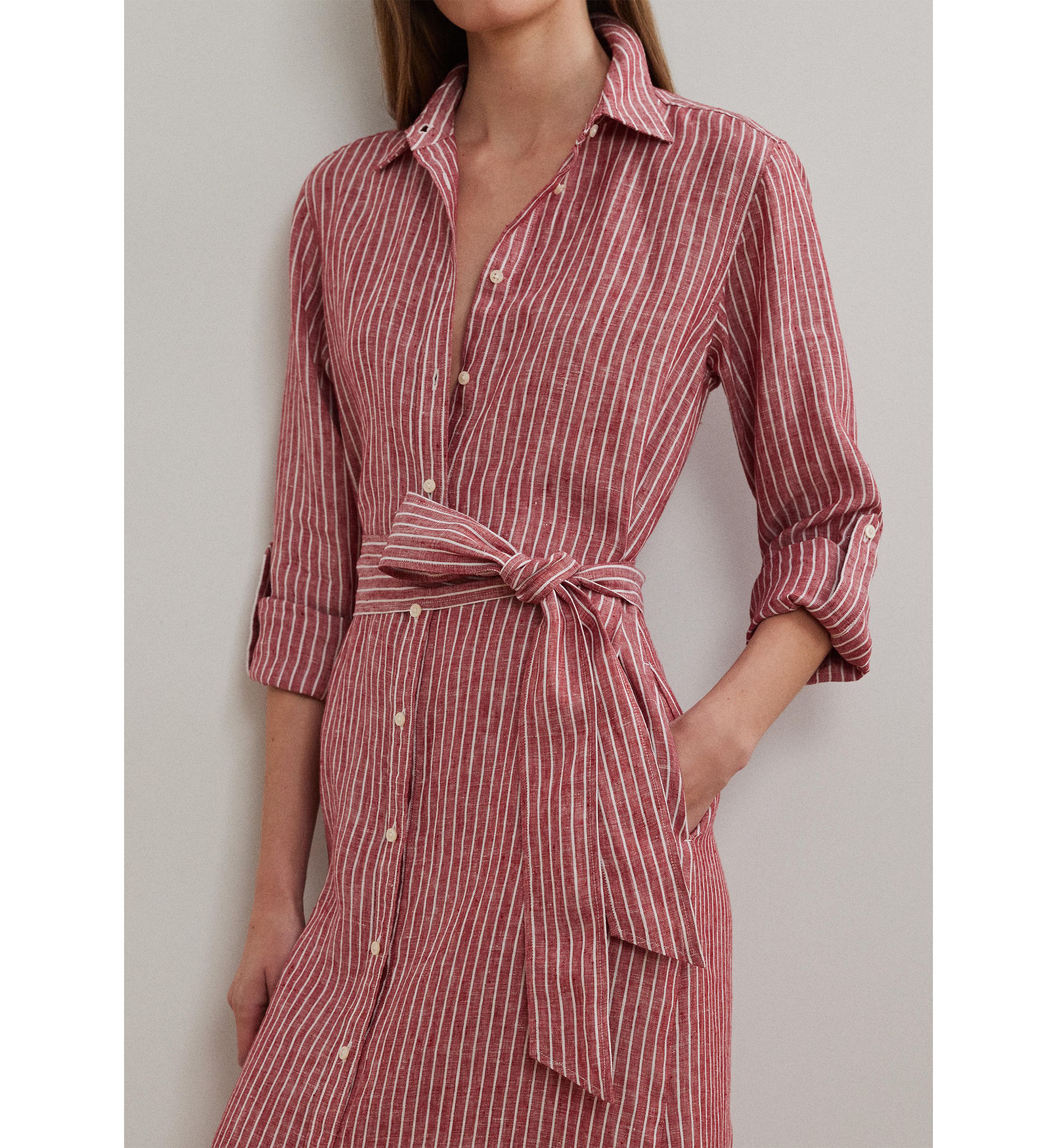 Petite Striped Linen Roll-Tab-Sleeve Shirtdress