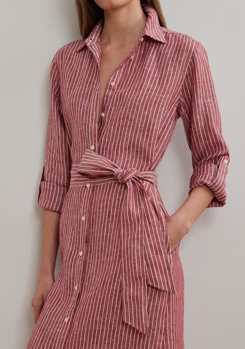 Petite Striped Linen Roll-Tab-Sleeve Shirtdress