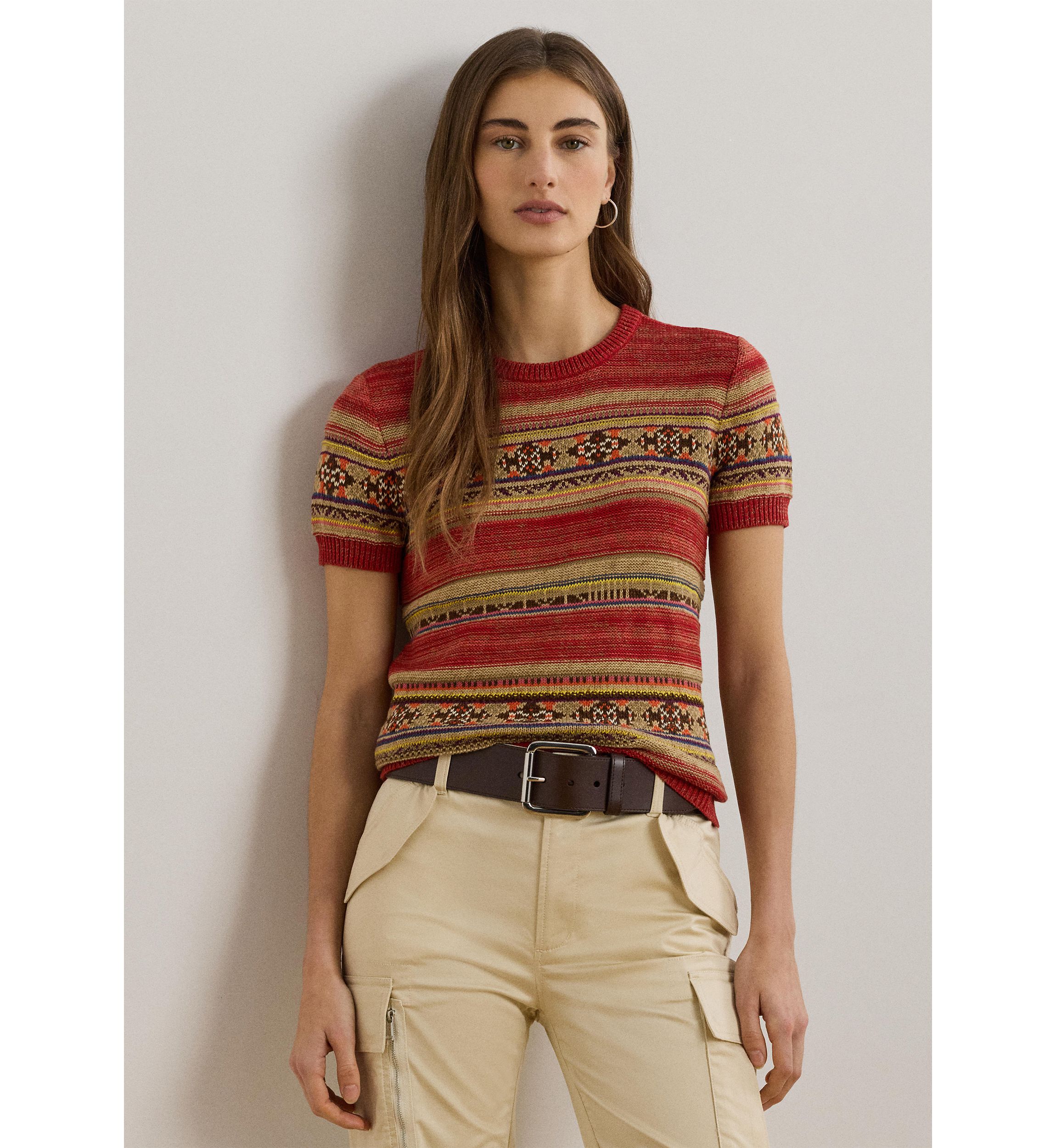 Petite Geo Striped Short Sleeve Sweater