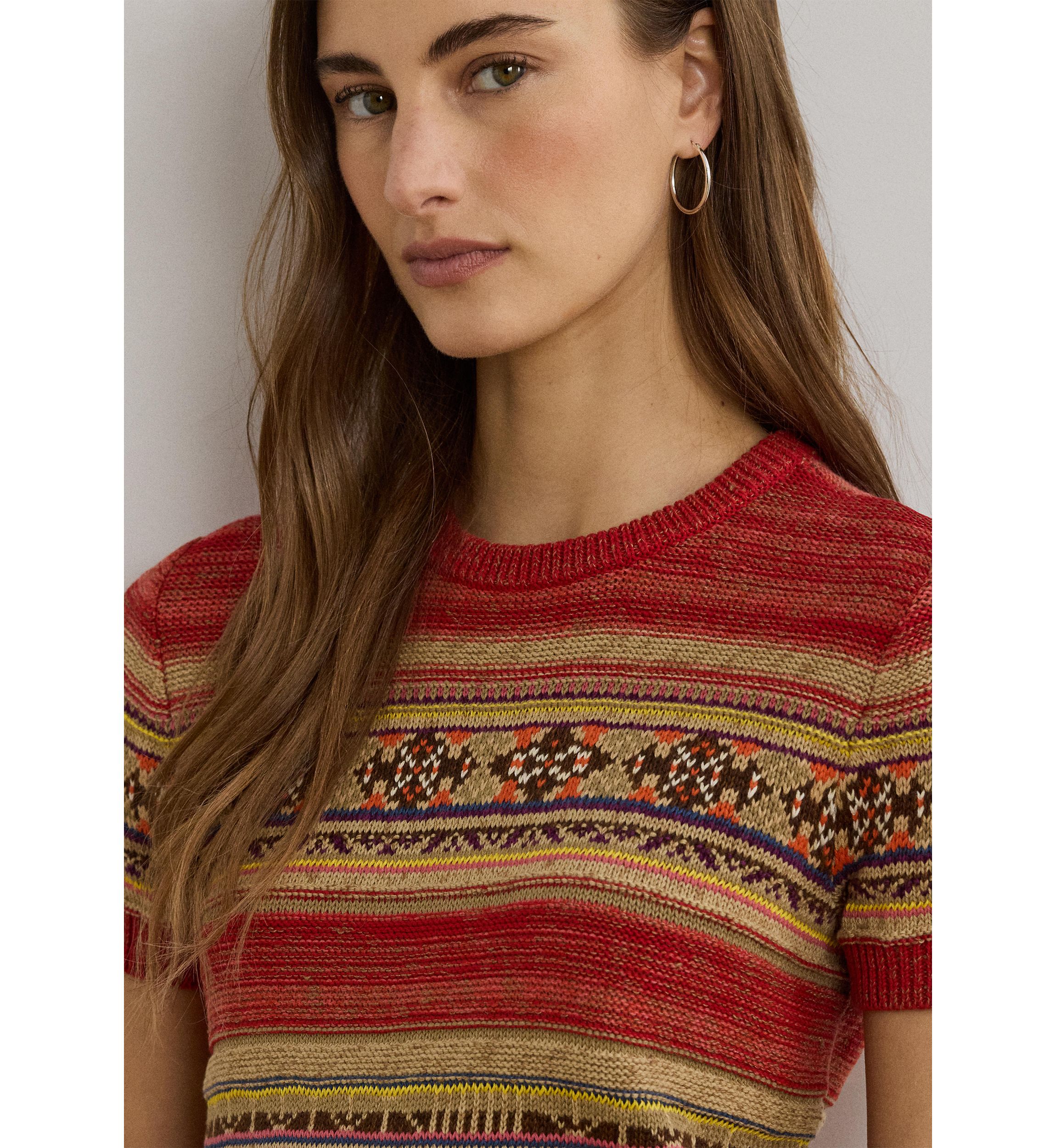Petite Geo Striped Short Sleeve Sweater