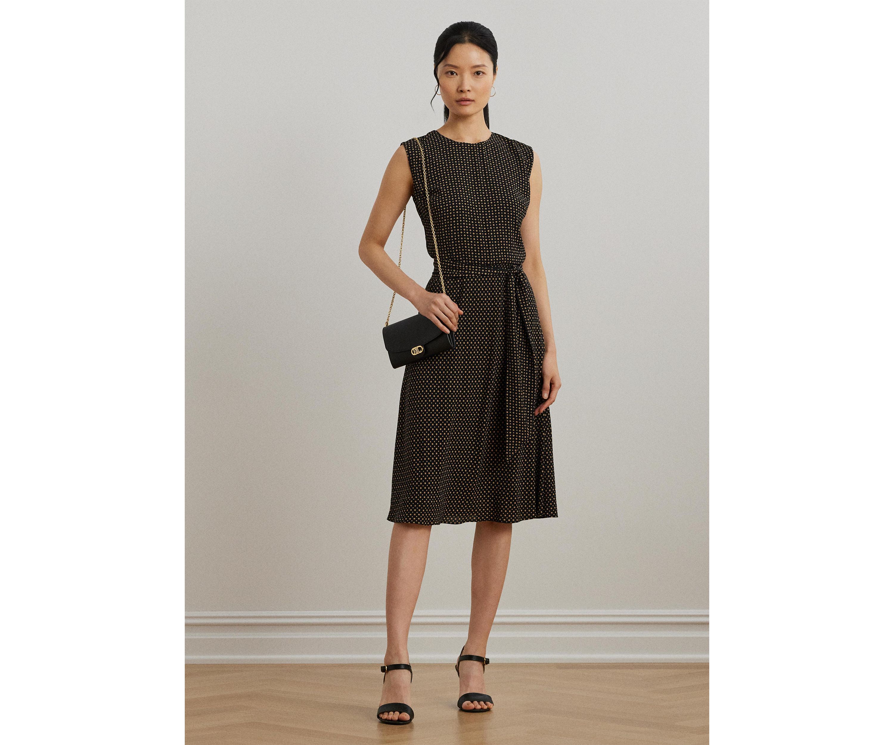 Petite Geo Printed Belted Bubble Crepe Dress