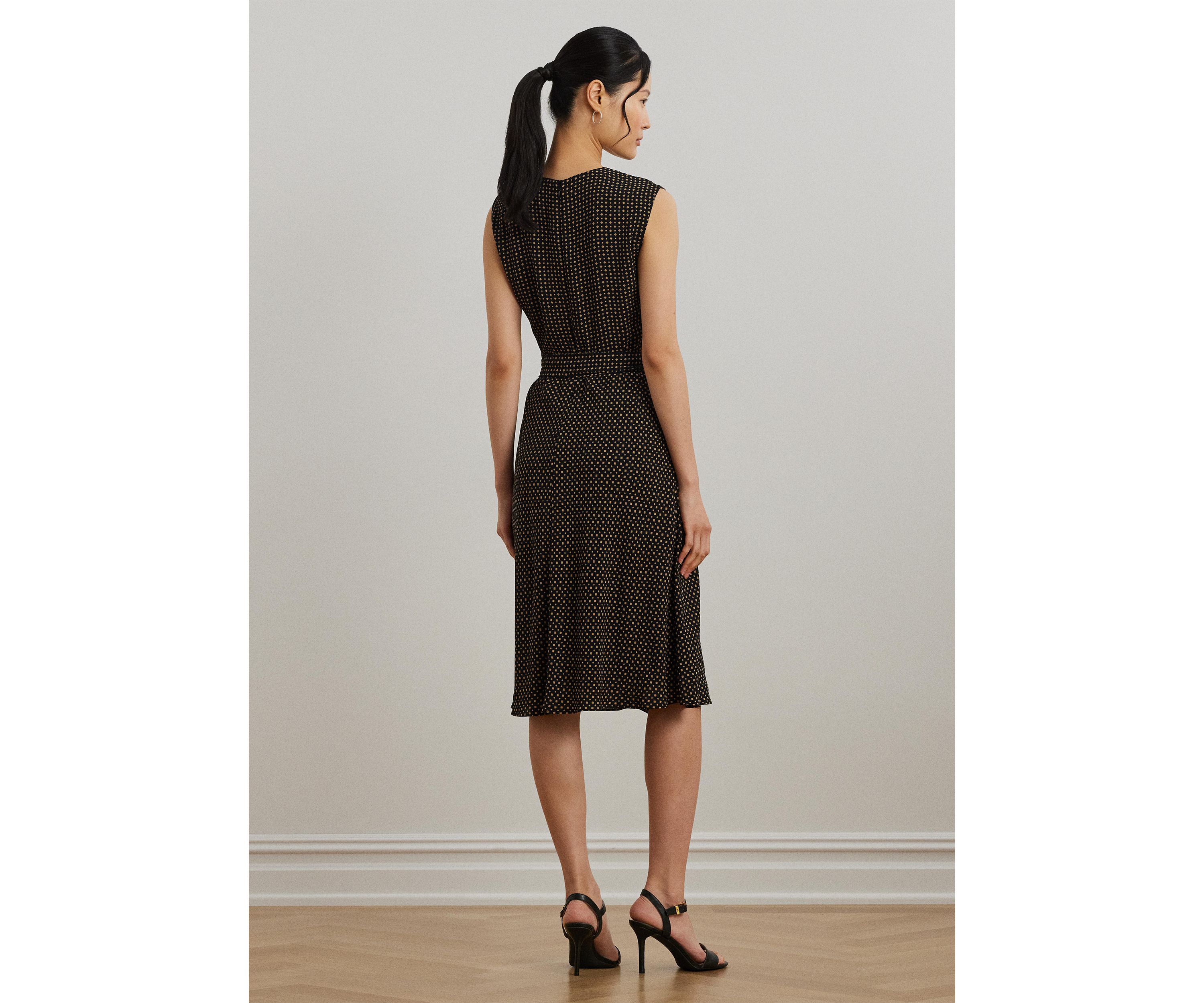 Petite Geo Printed Belted Bubble Crepe Dress