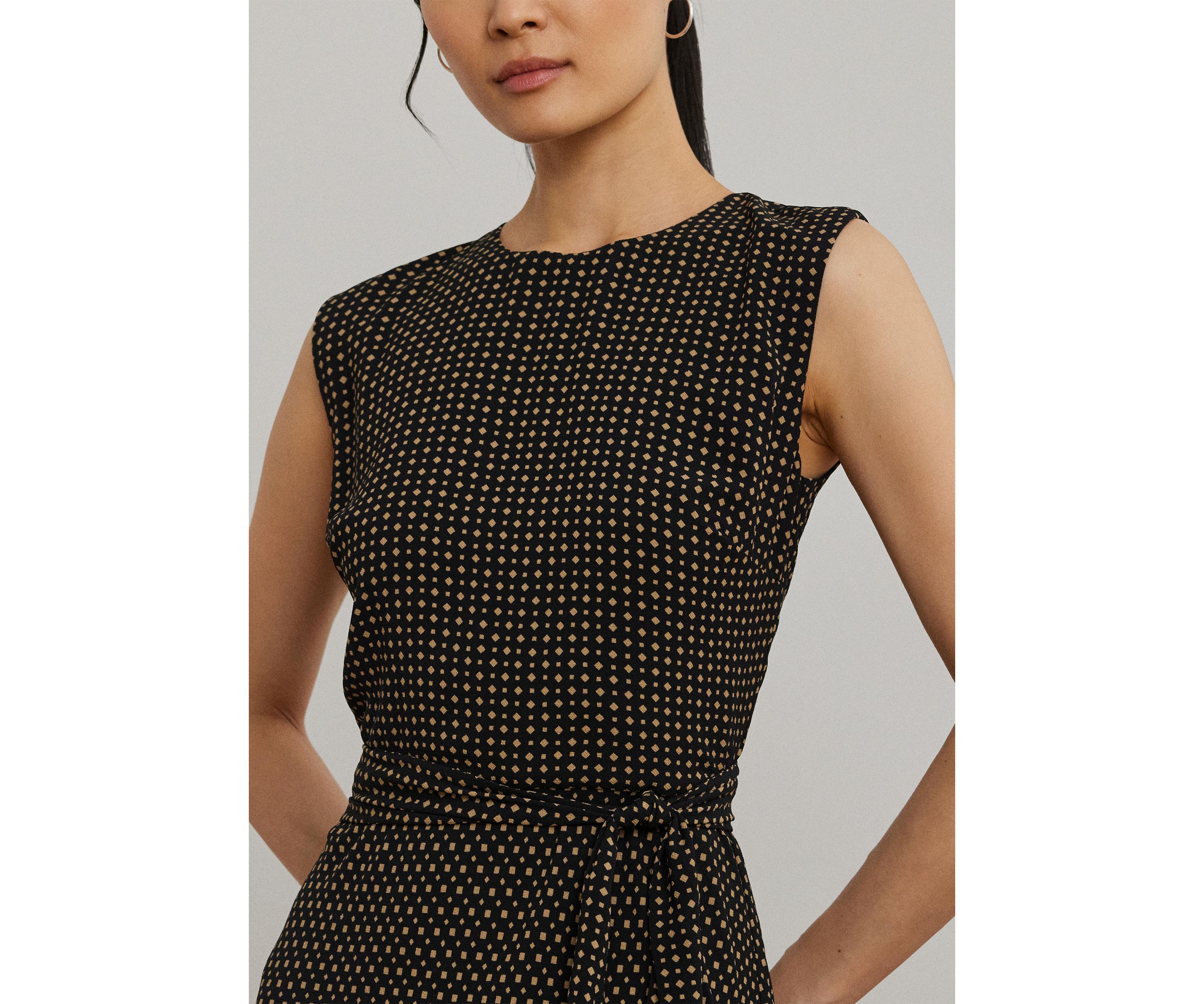 Petite Geo Printed Belted Bubble Crepe Dress