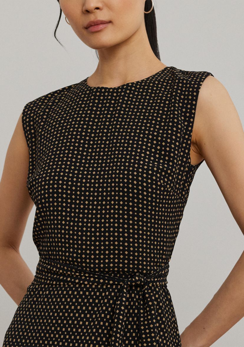Petite Geo Printed Belted Bubble Crepe Dress