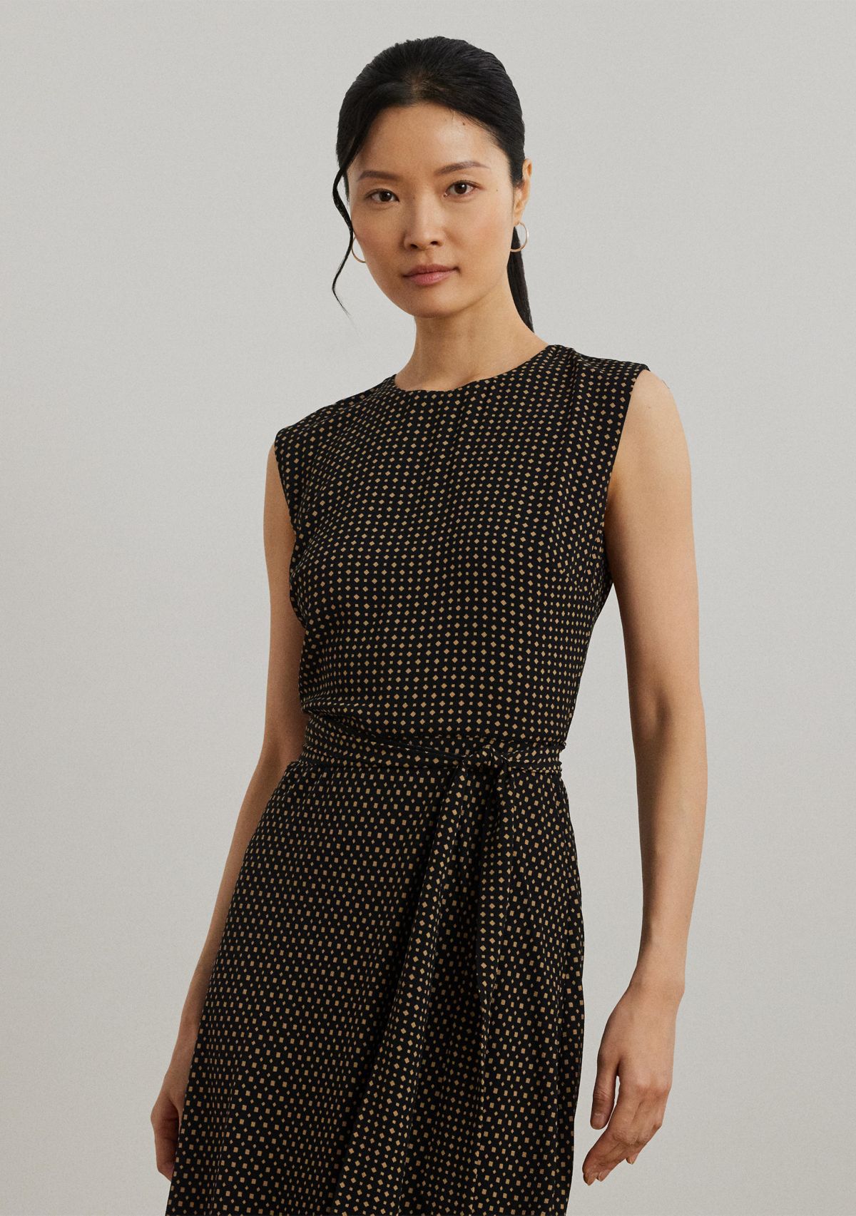 Petite Geo Printed Belted Bubble Crepe Dress