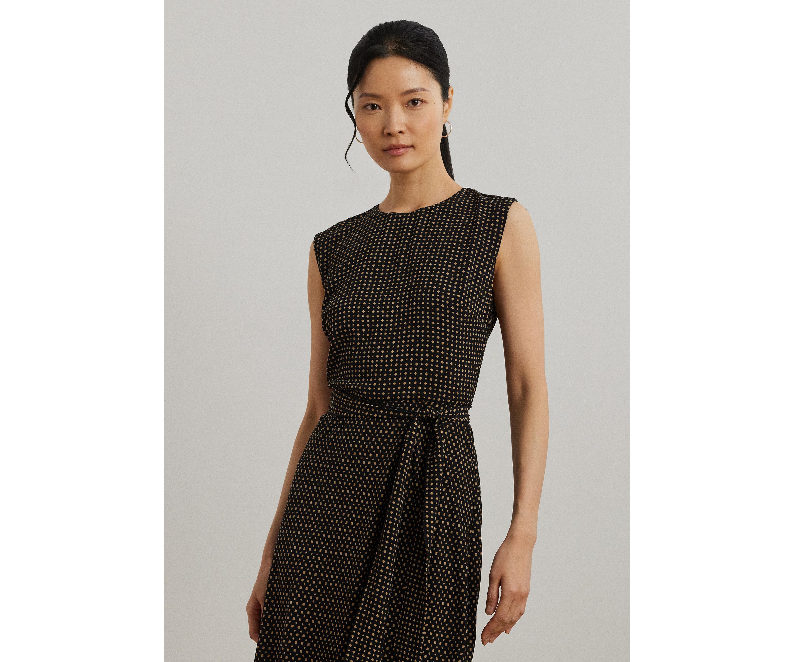 Petite Geo Printed Belted Bubble Crepe Dress