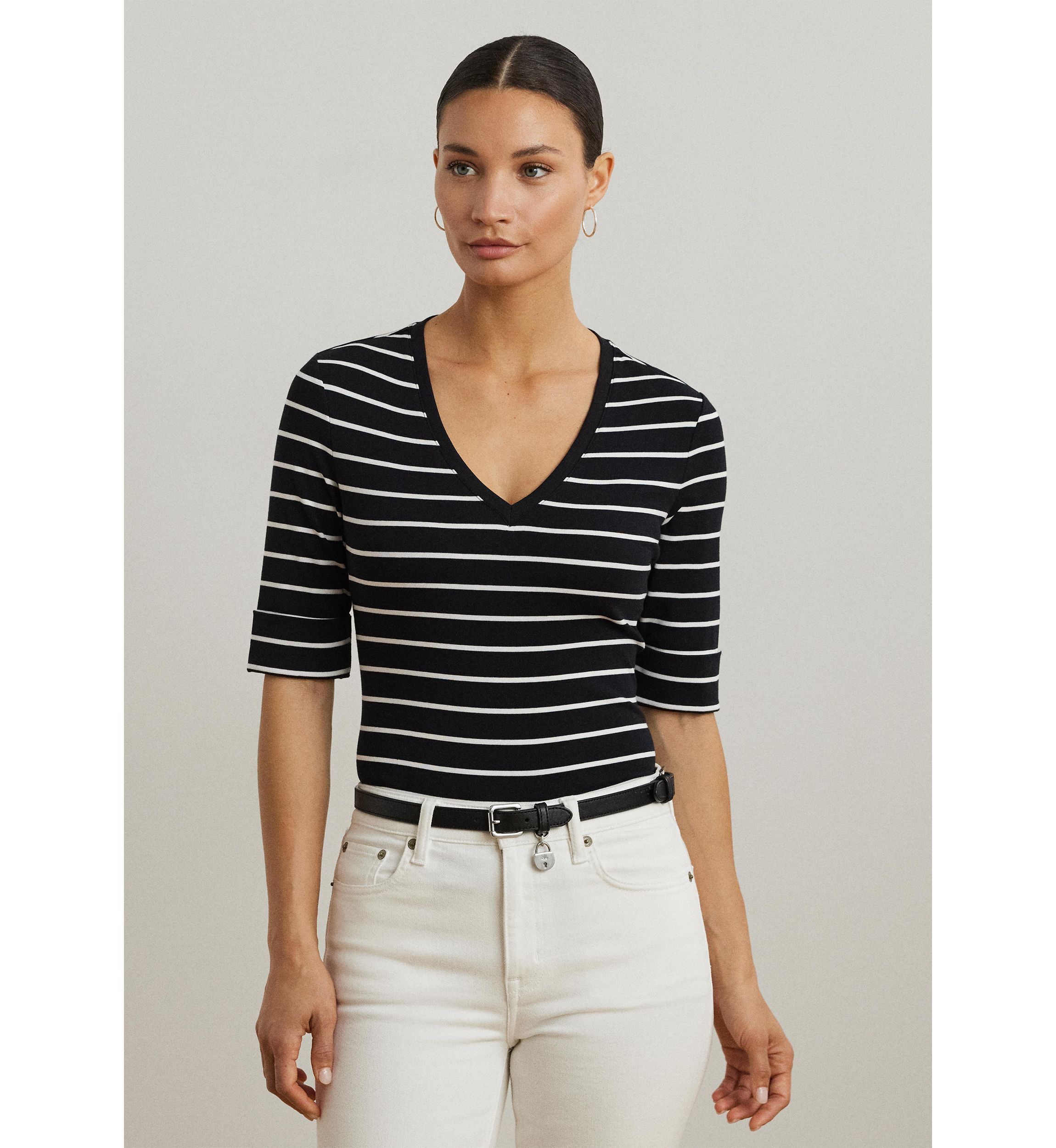 Petite Striped Cotton Elbow Sleeve V-Neck T-Shirt
