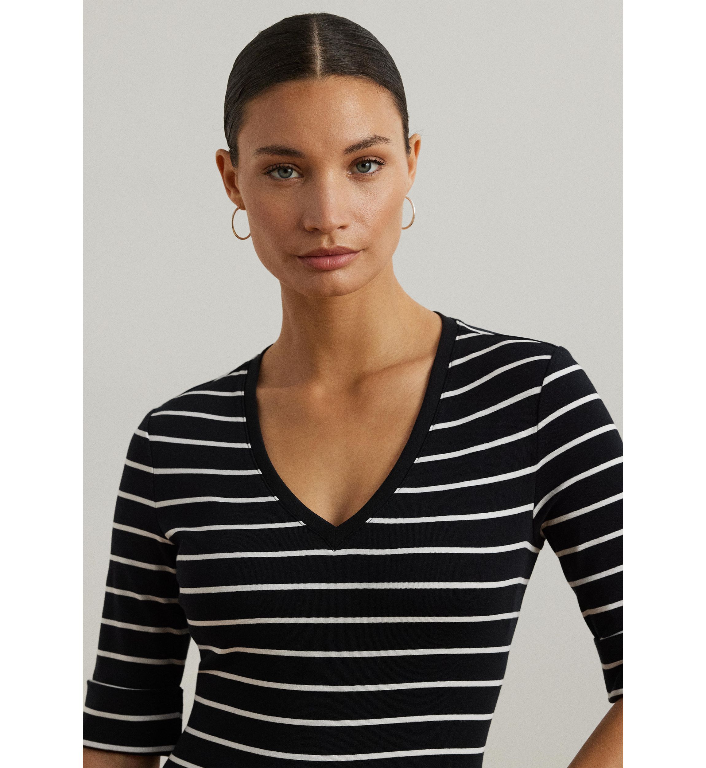Petite Striped Cotton Elbow Sleeve V-Neck T-Shirt