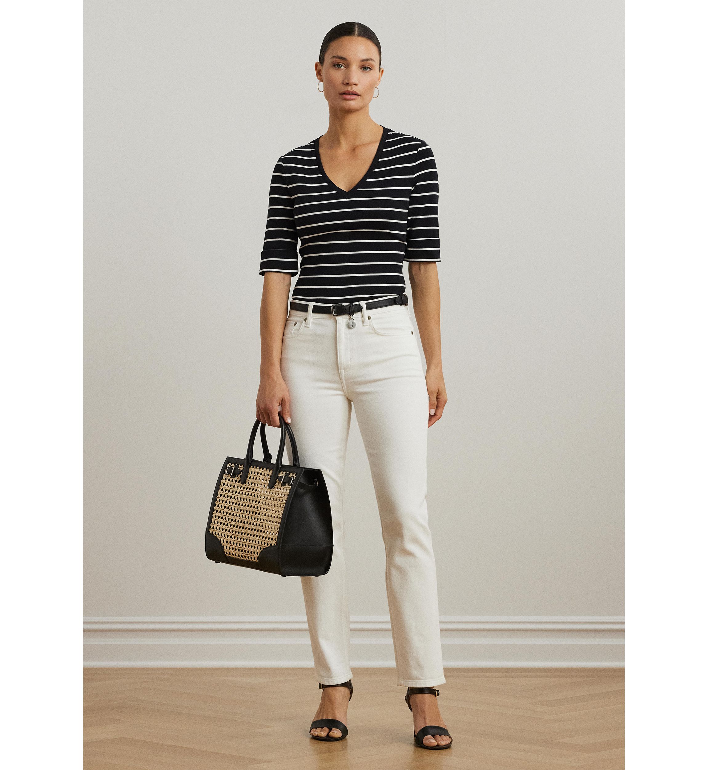 Petite Striped Cotton Elbow Sleeve V-Neck T-Shirt