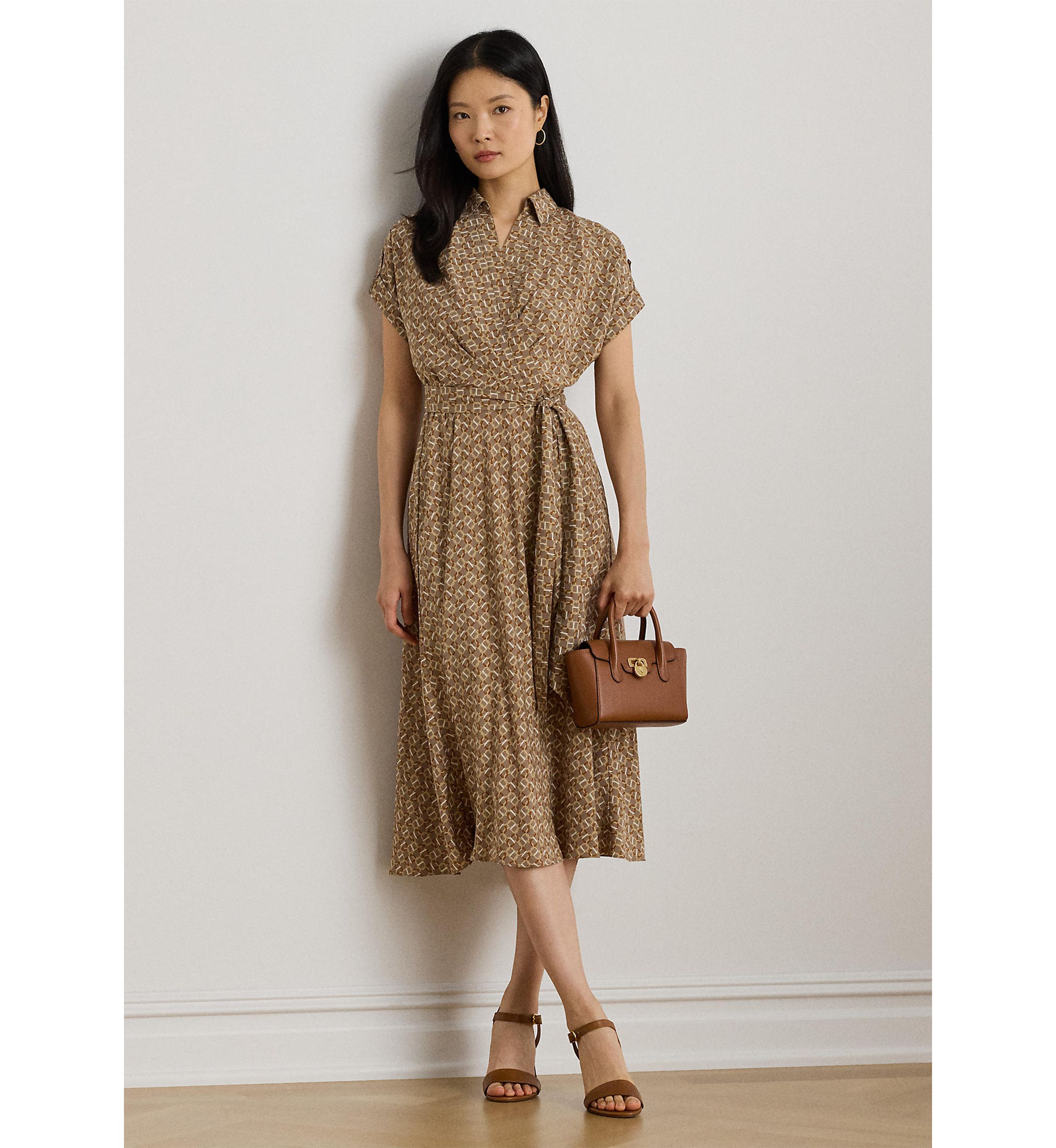 Petite Geo-Print Belted Crepe Dress