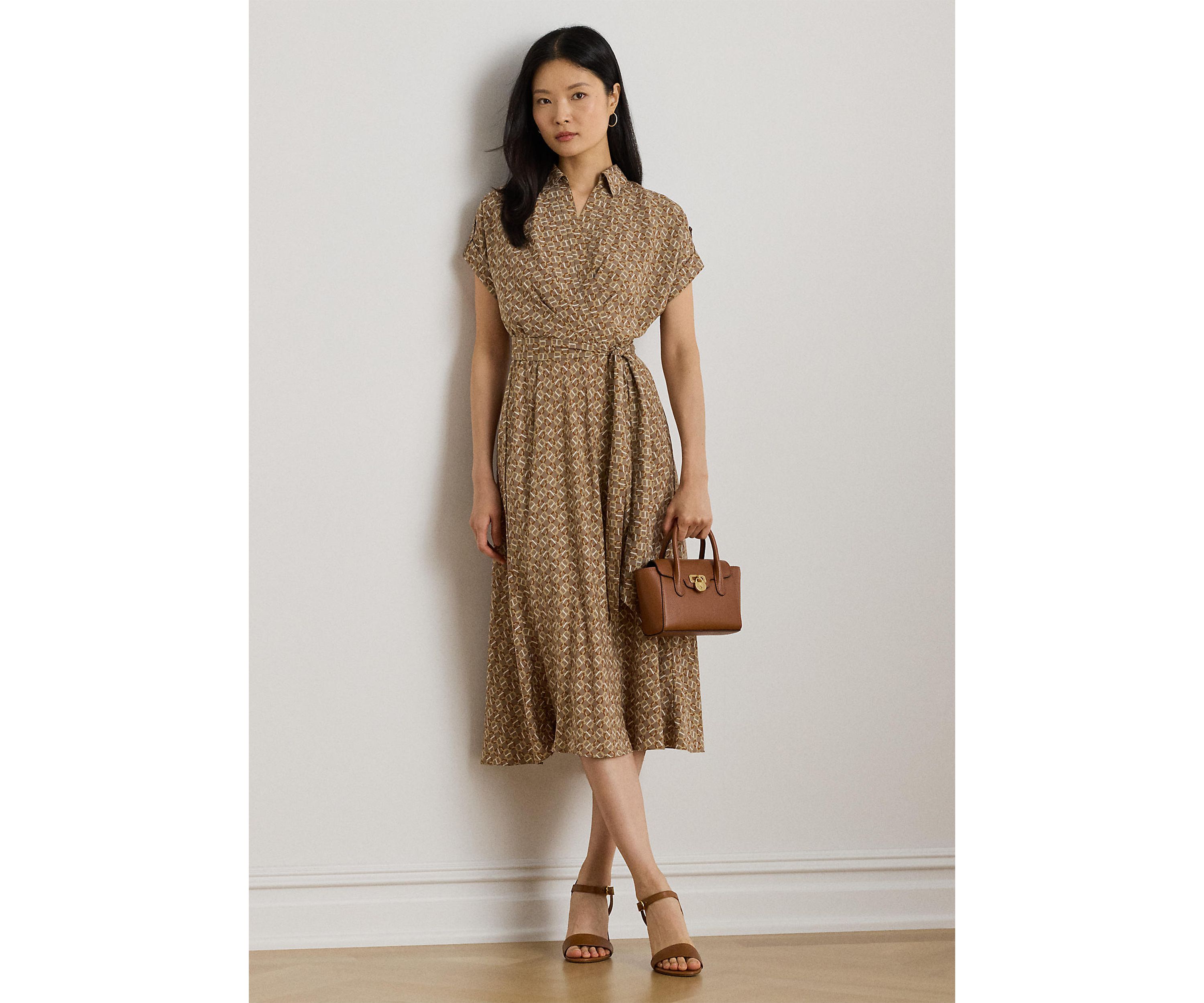 Petite Geo-Print Belted Crepe Dress