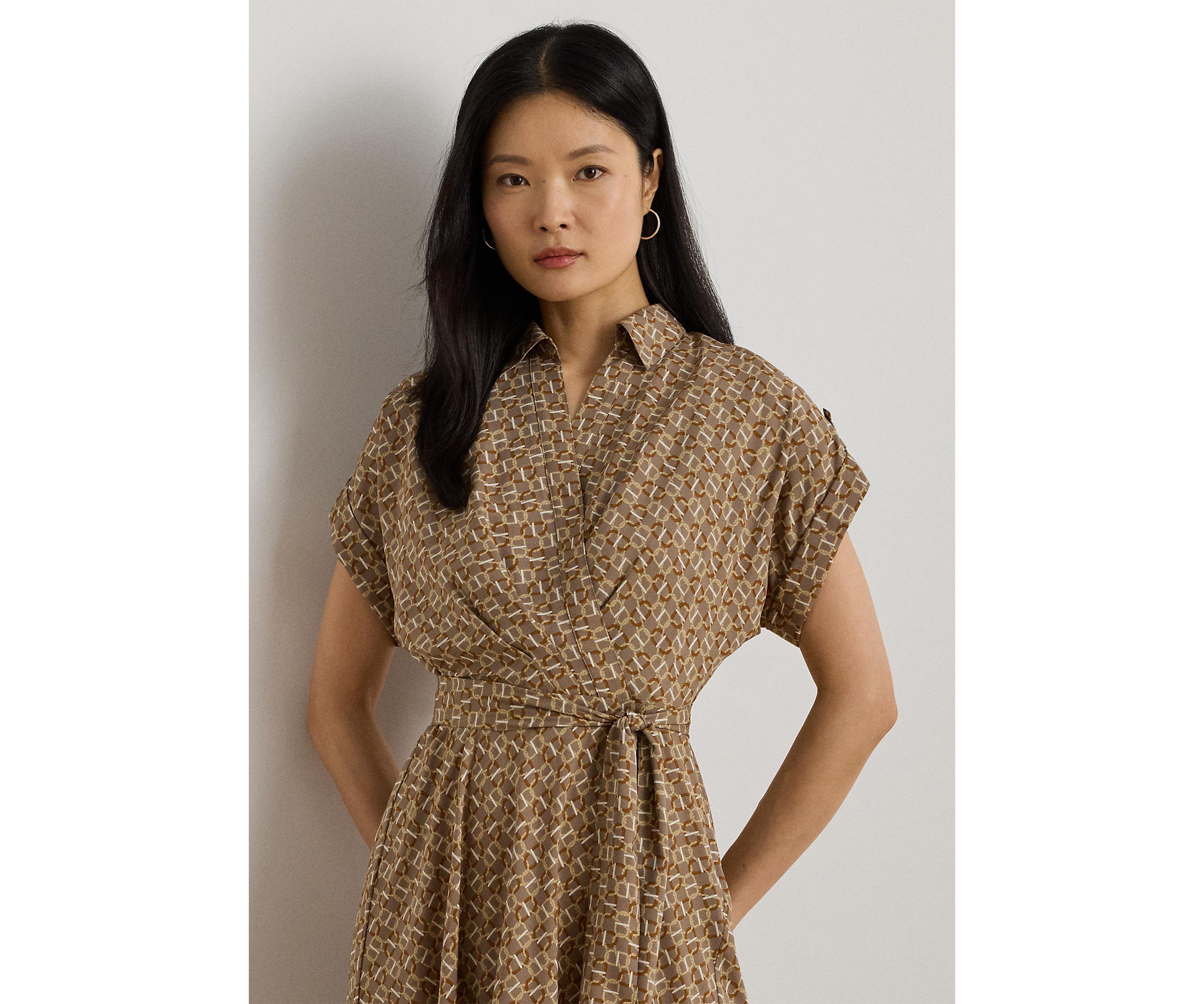 Petite Geo-Print Belted Crepe Dress
