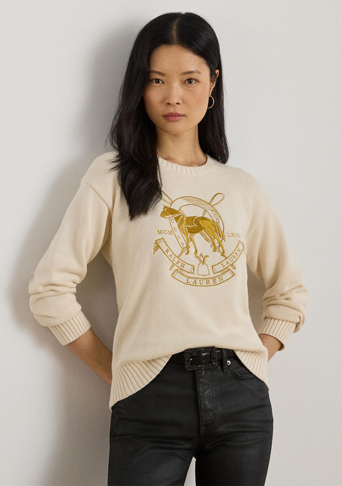 Petite Embroidered Cotton Crewneck Sweater