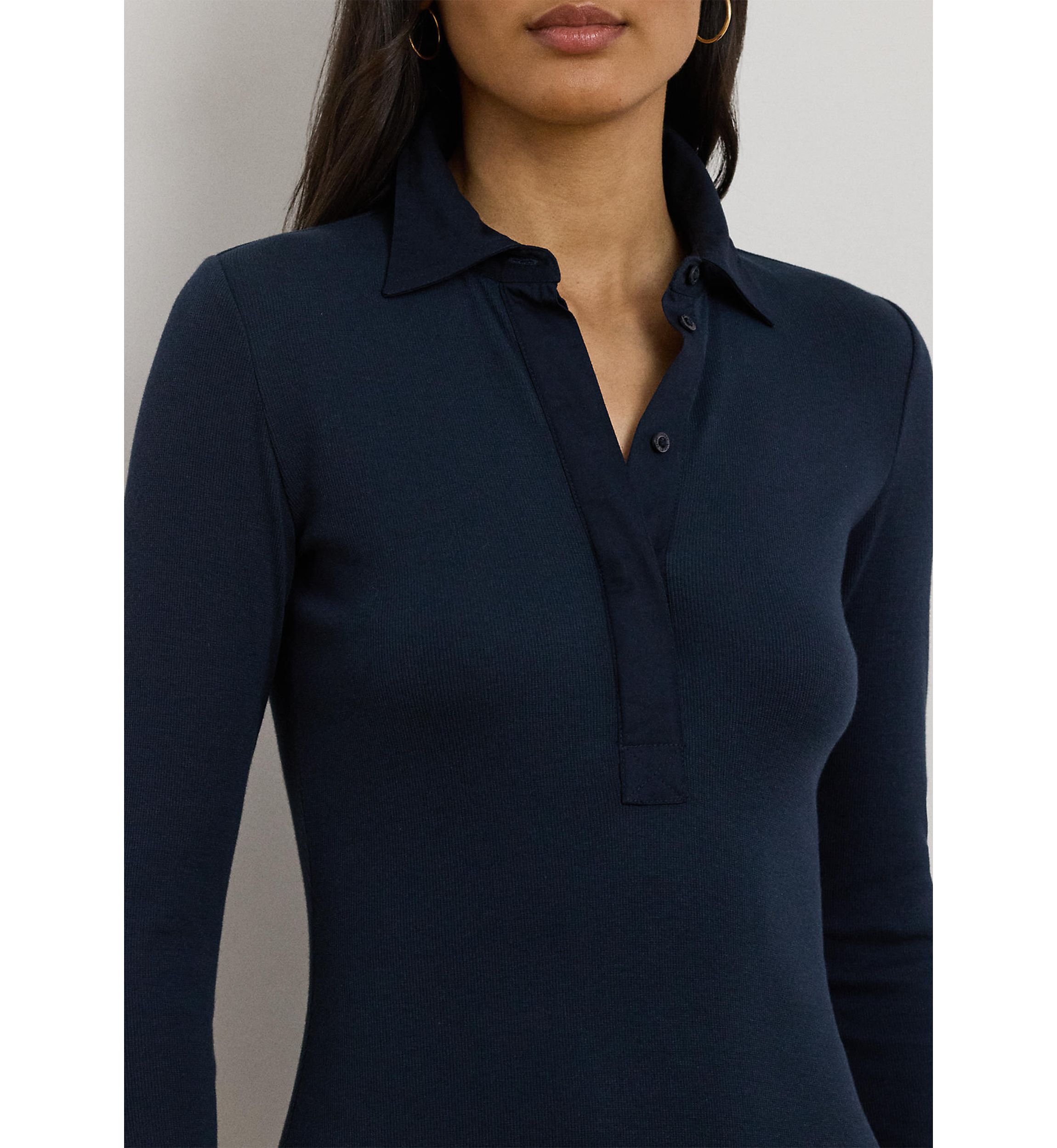 Petite Rib-Knit Cotton-Blend Polo Dress