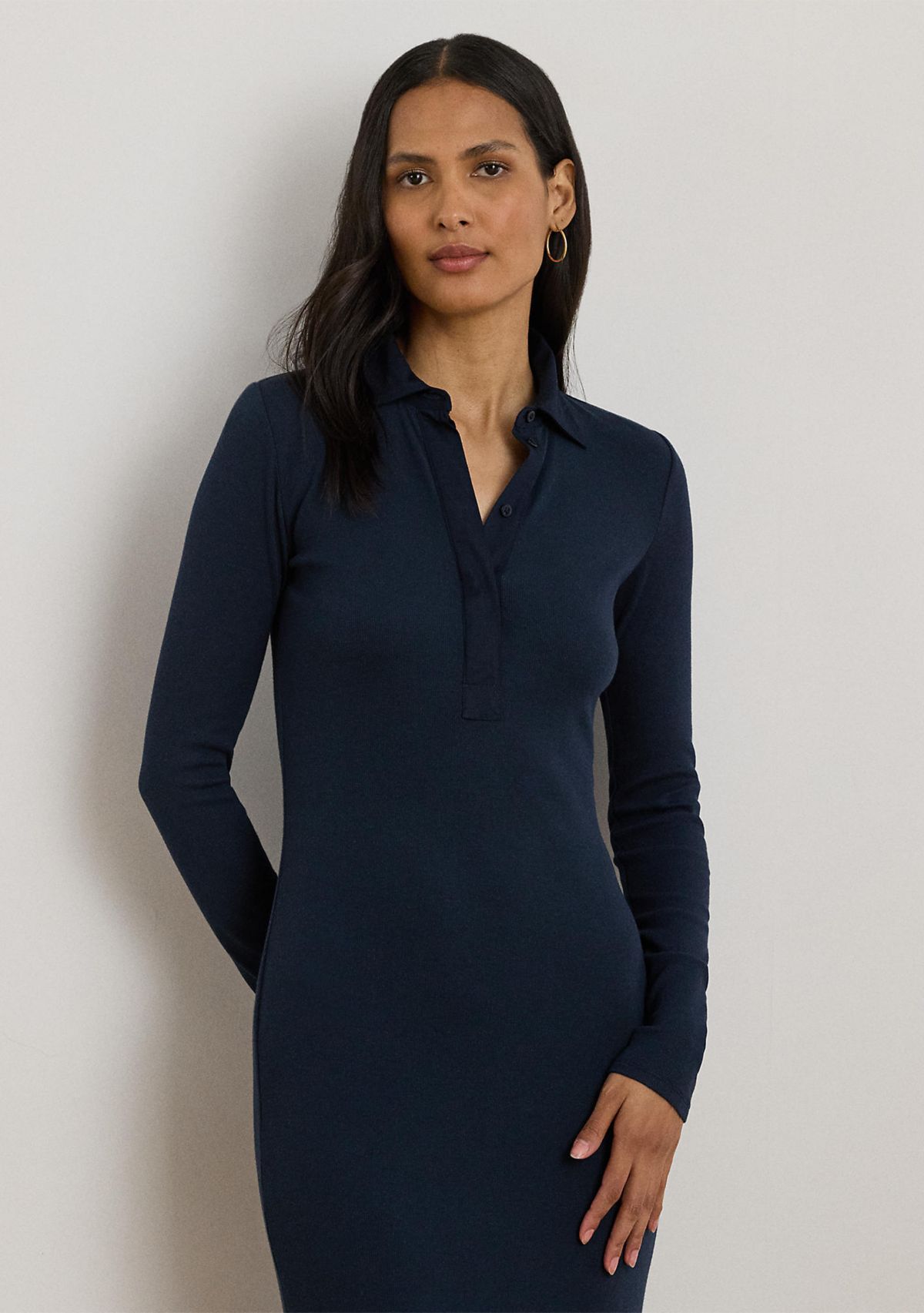 Petite Rib-Knit Cotton-Blend Polo Dress