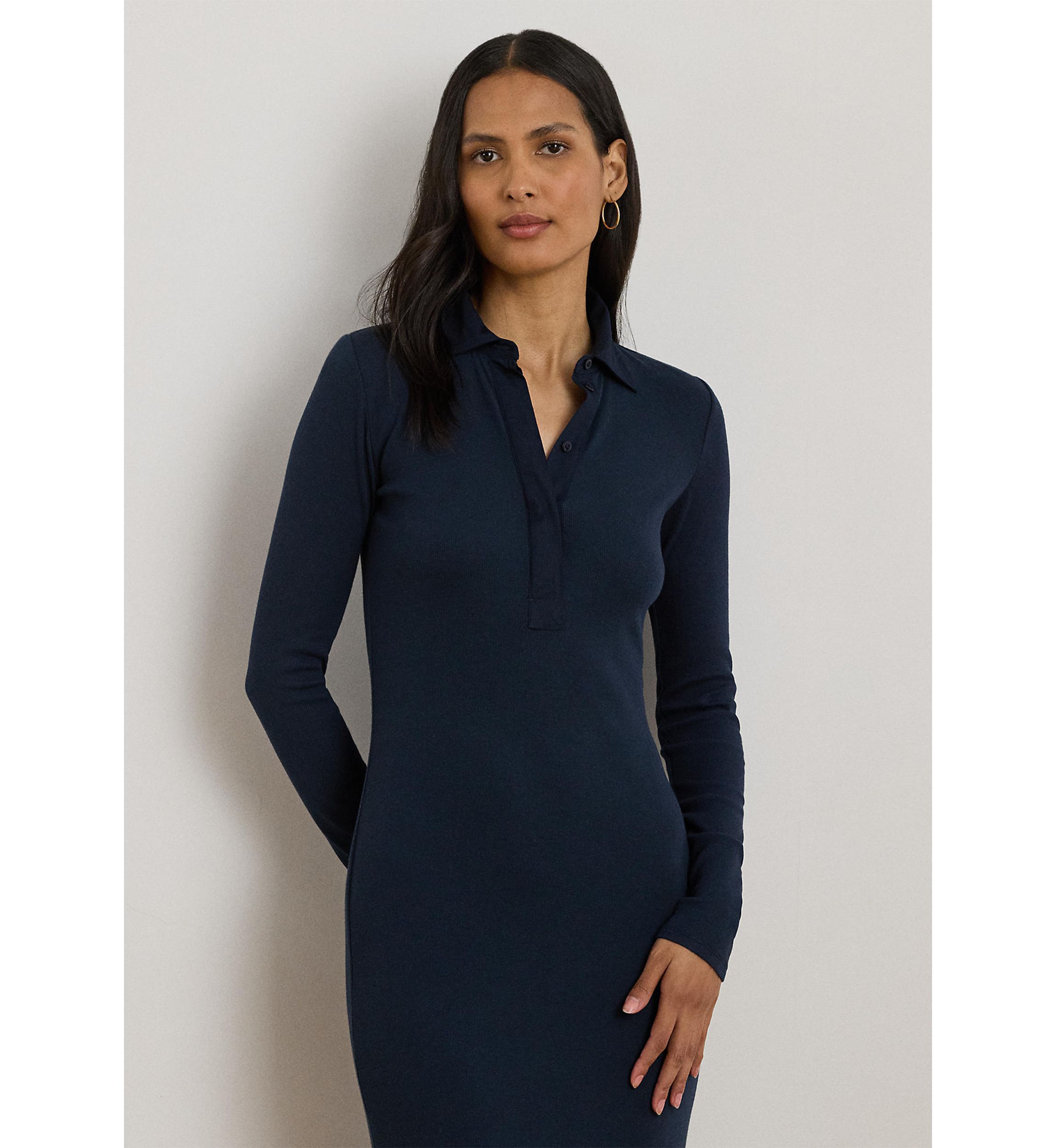 Petite Rib-Knit Cotton-Blend Polo Dress