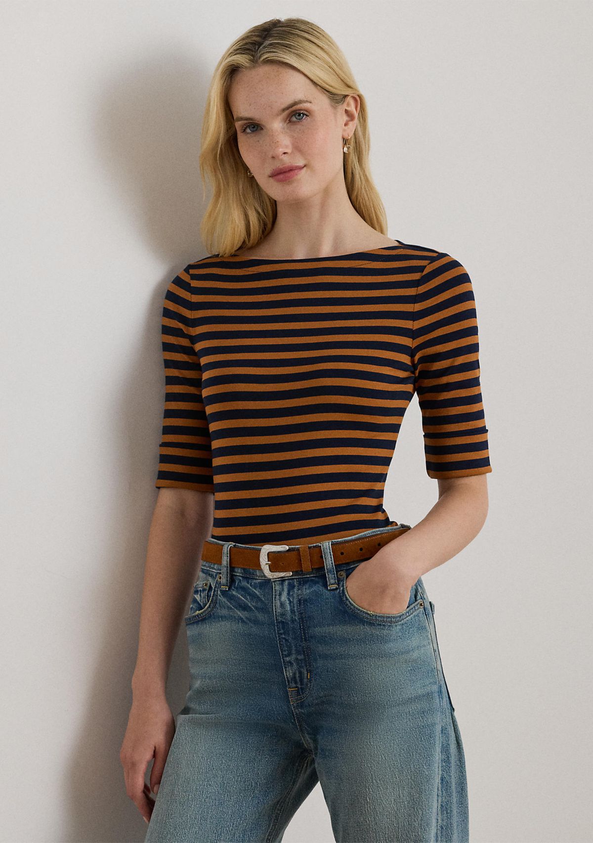 Petite Striped Stretch Cotton Boatneck Tee