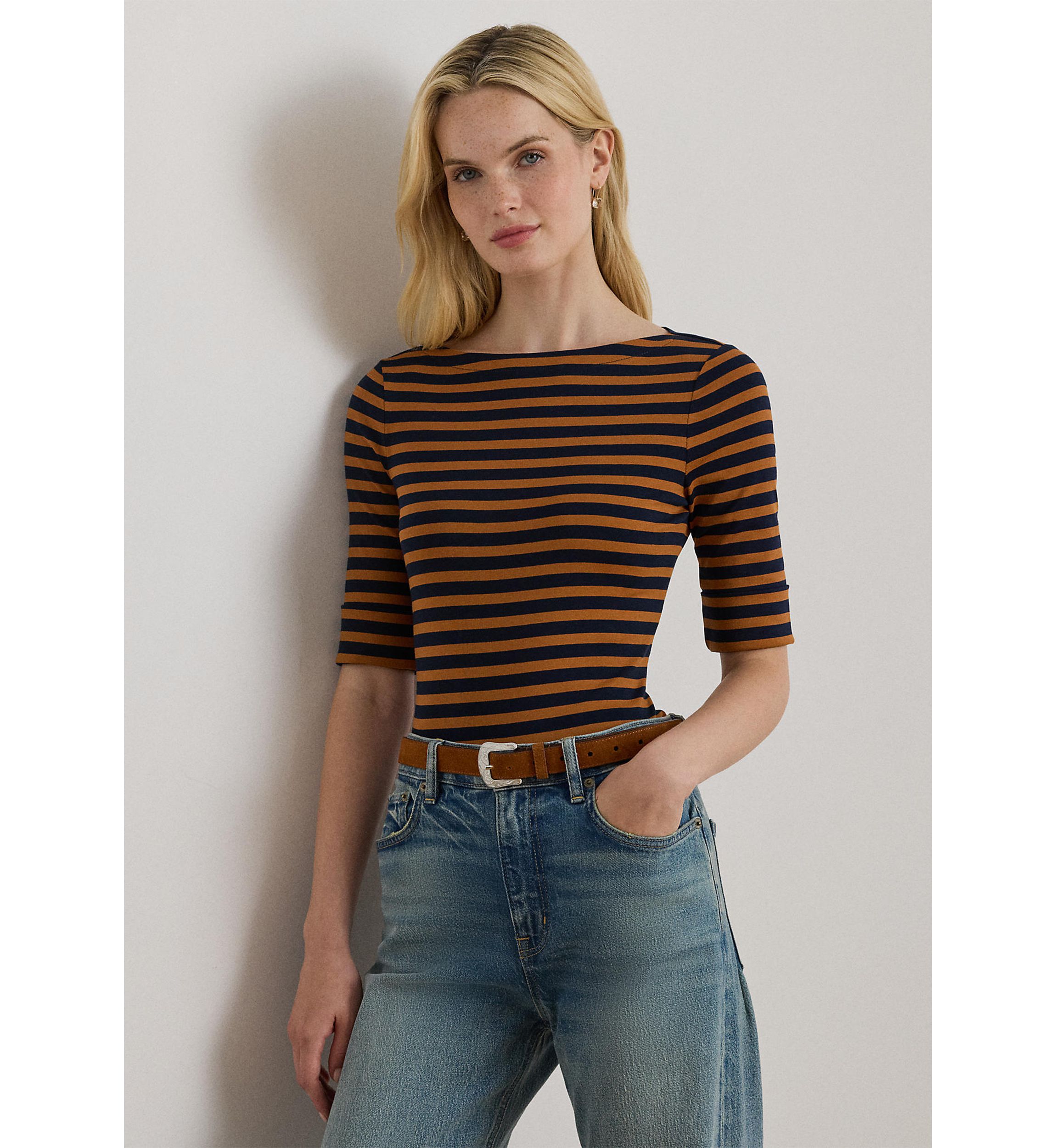 Petite Striped Stretch Cotton Boatneck Tee