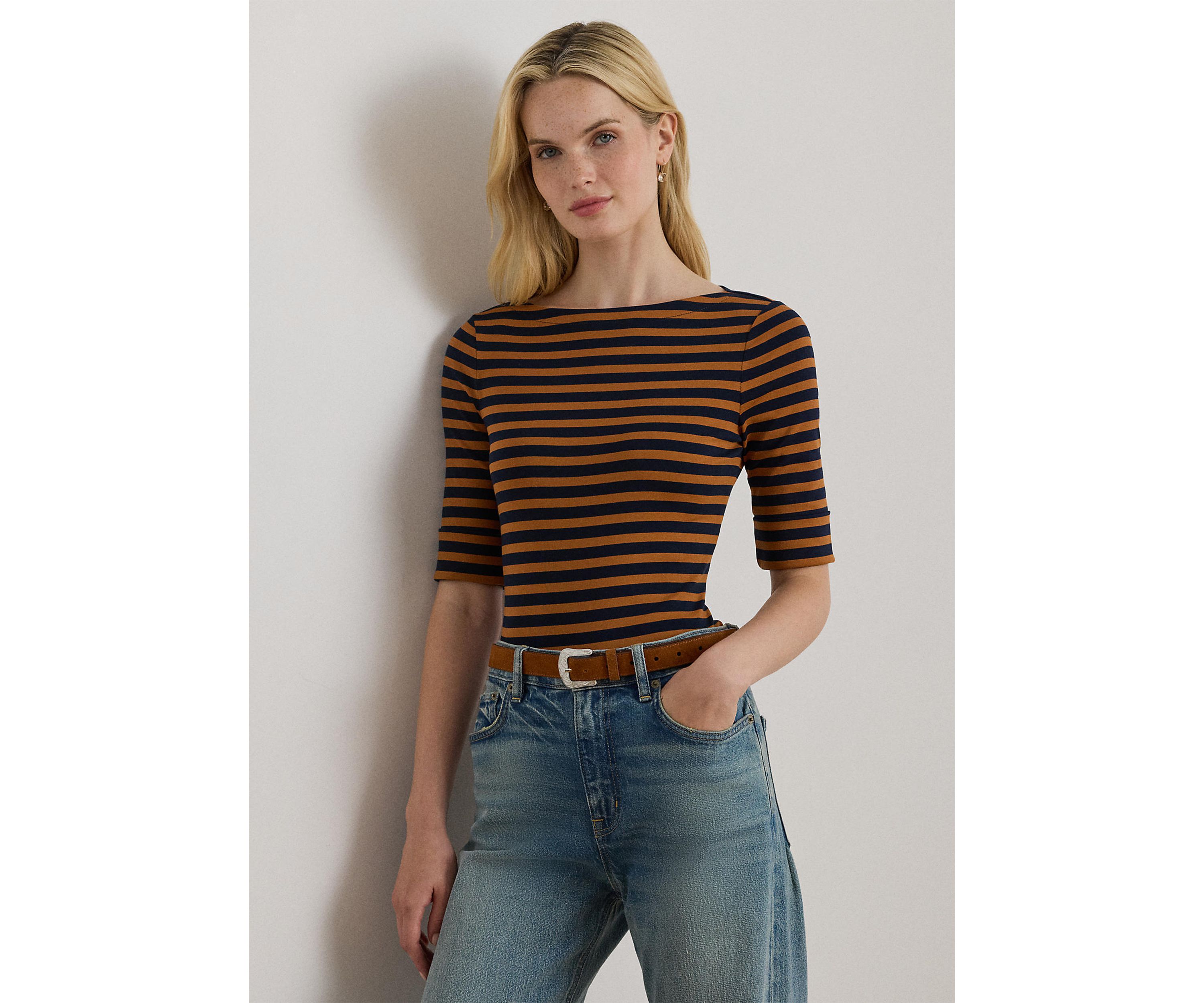 Petite Striped Stretch Cotton Boatneck Tee