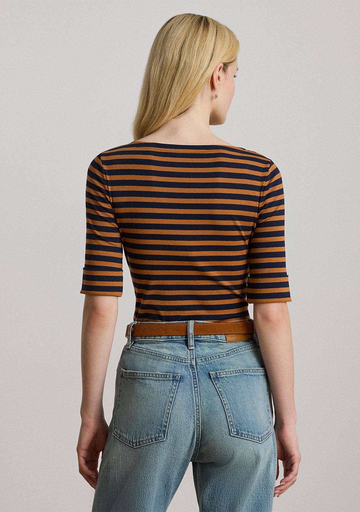 Petite Striped Stretch Cotton Boatneck Tee