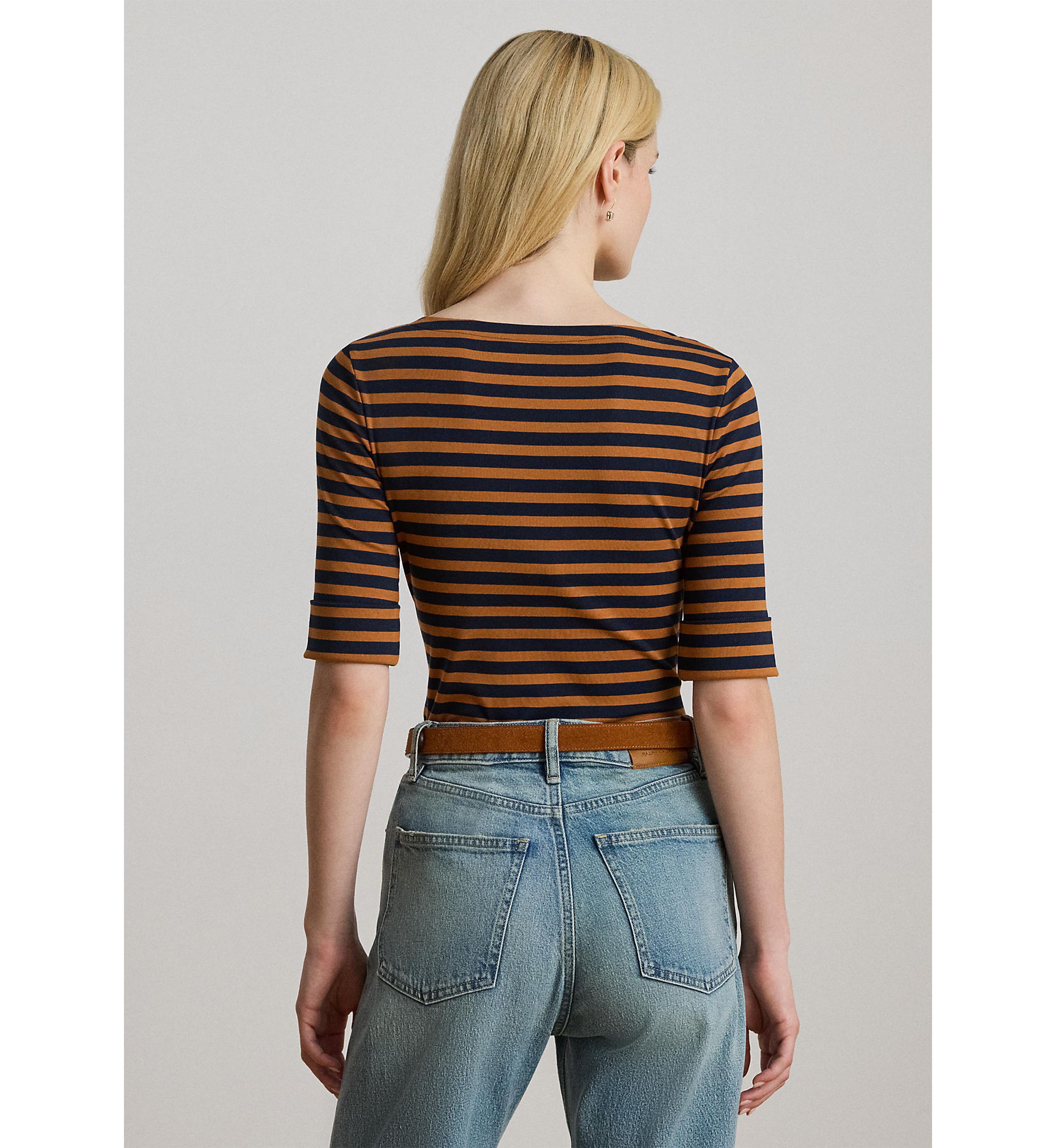 Petite Striped Stretch Cotton Boatneck Tee