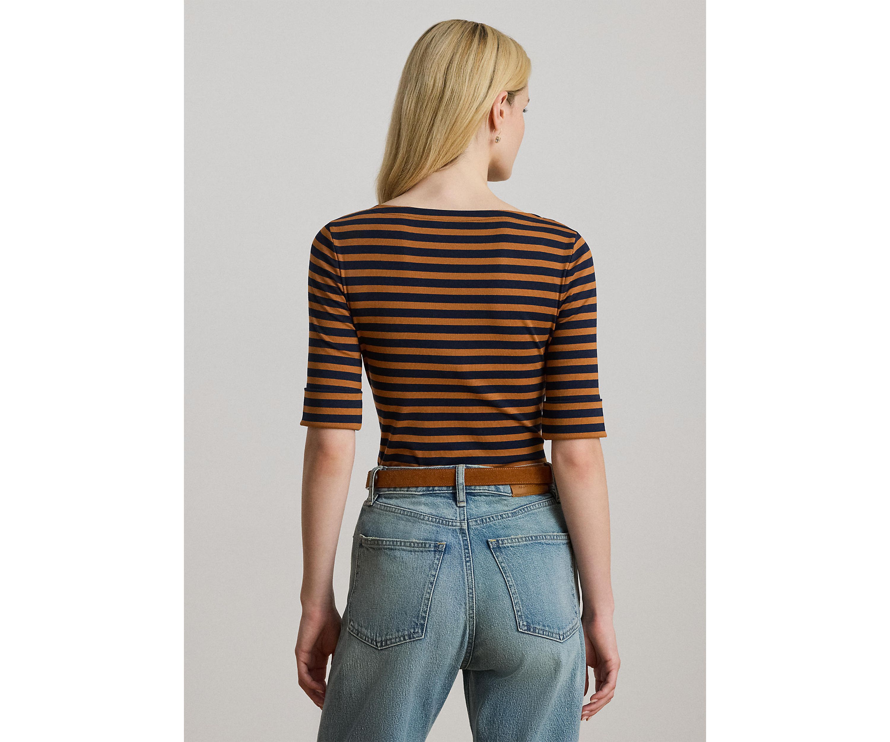Petite Striped Stretch Cotton Boatneck Tee