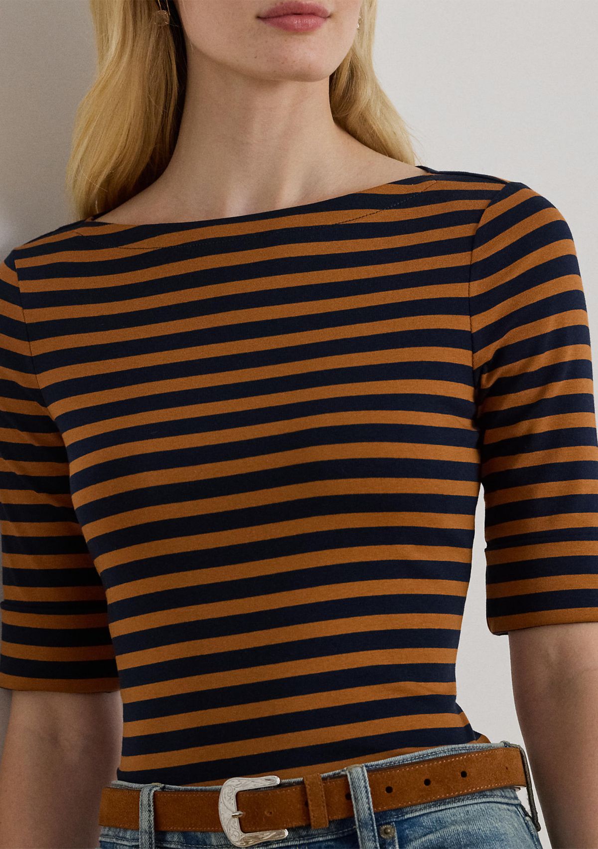 Petite Striped Stretch Cotton Boatneck Tee