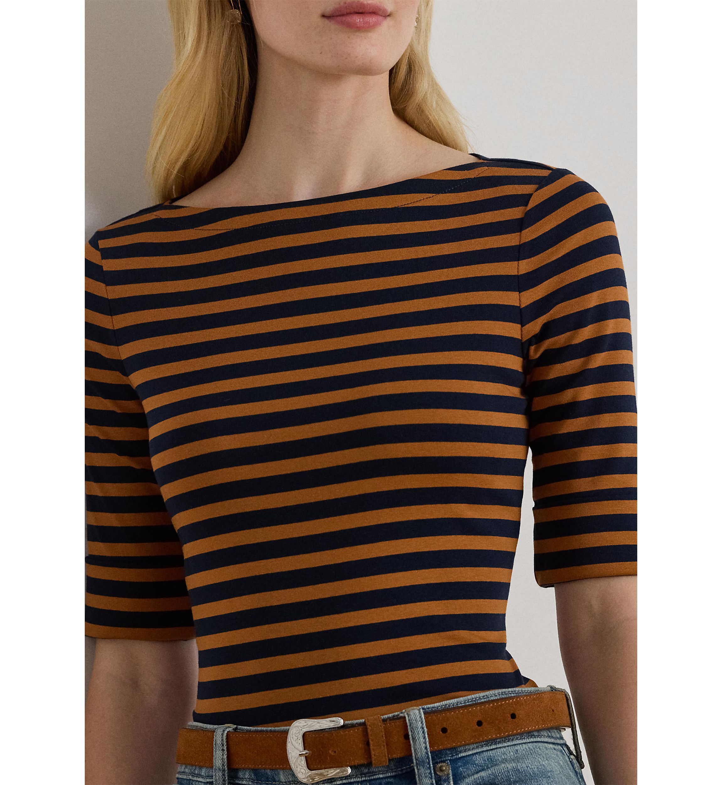 Petite Striped Stretch Cotton Boatneck Tee