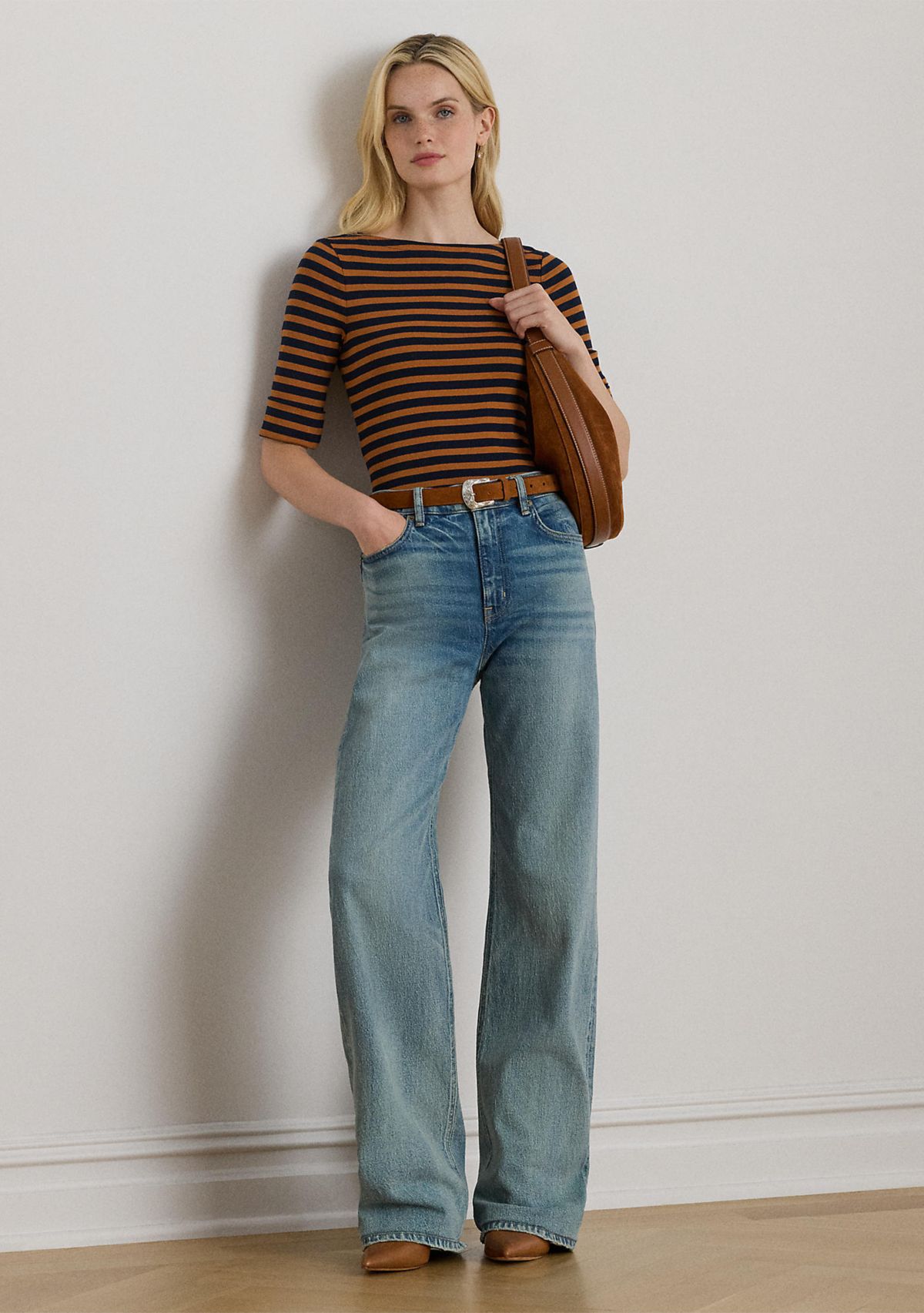 Petite Striped Stretch Cotton Boatneck Tee