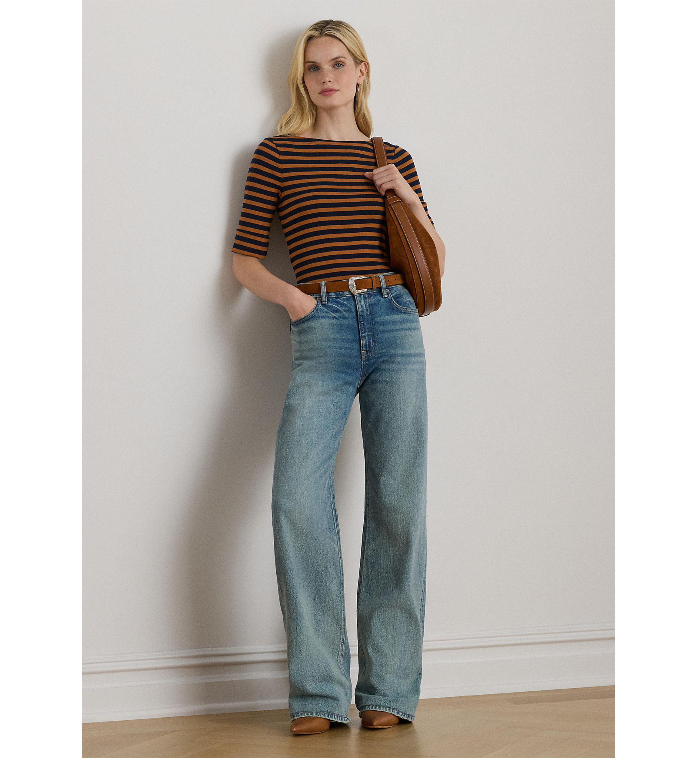 Petite Striped Stretch Cotton Boatneck Tee