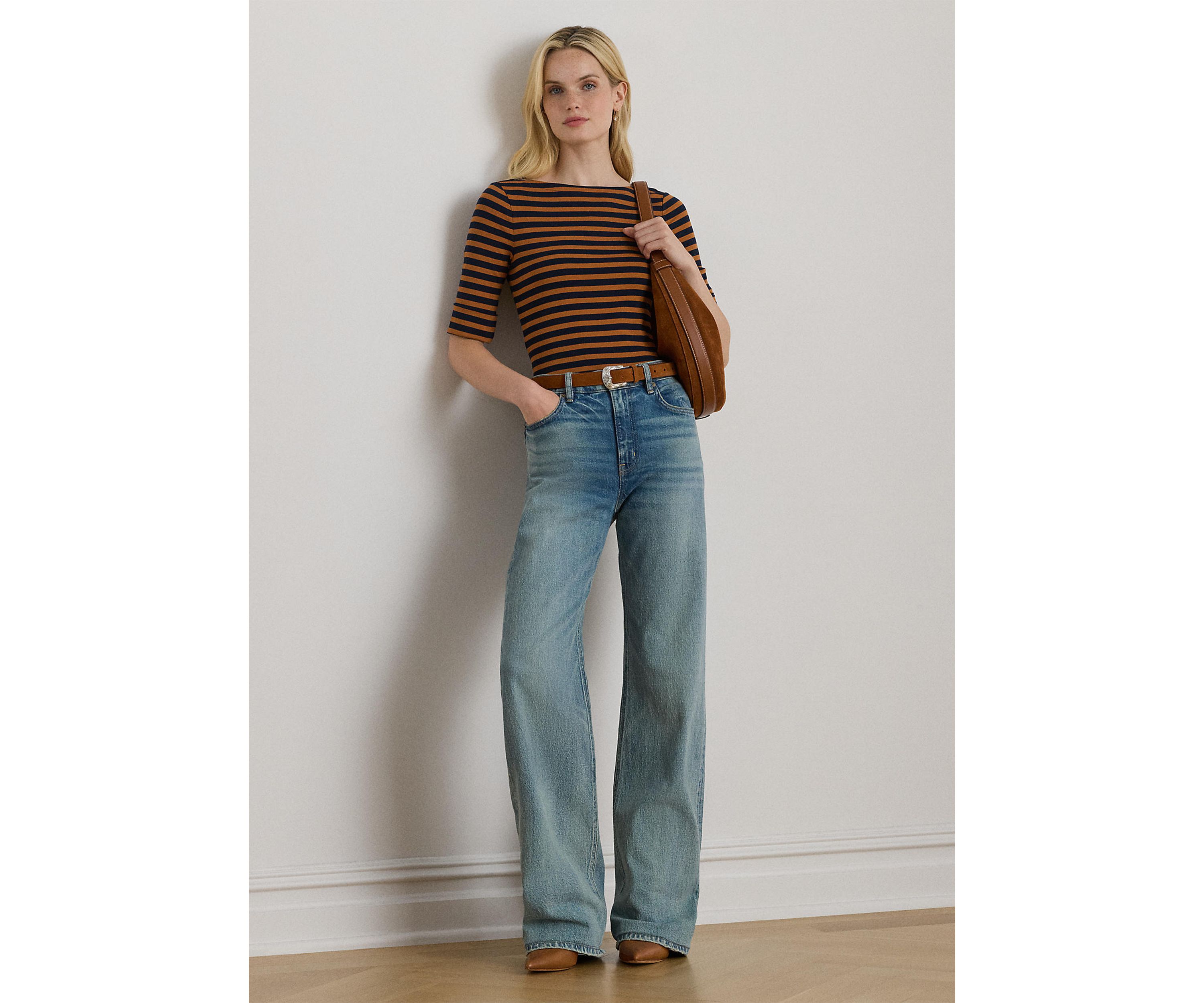 Petite Striped Stretch Cotton Boatneck Tee