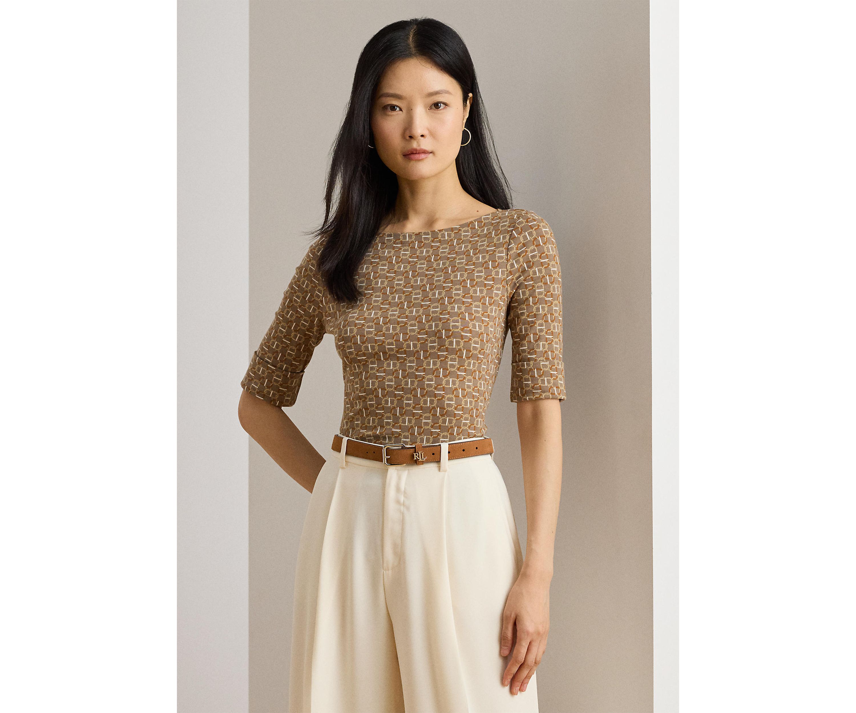 Petite Geo-Print Stretch Cotton Boatneck Tee