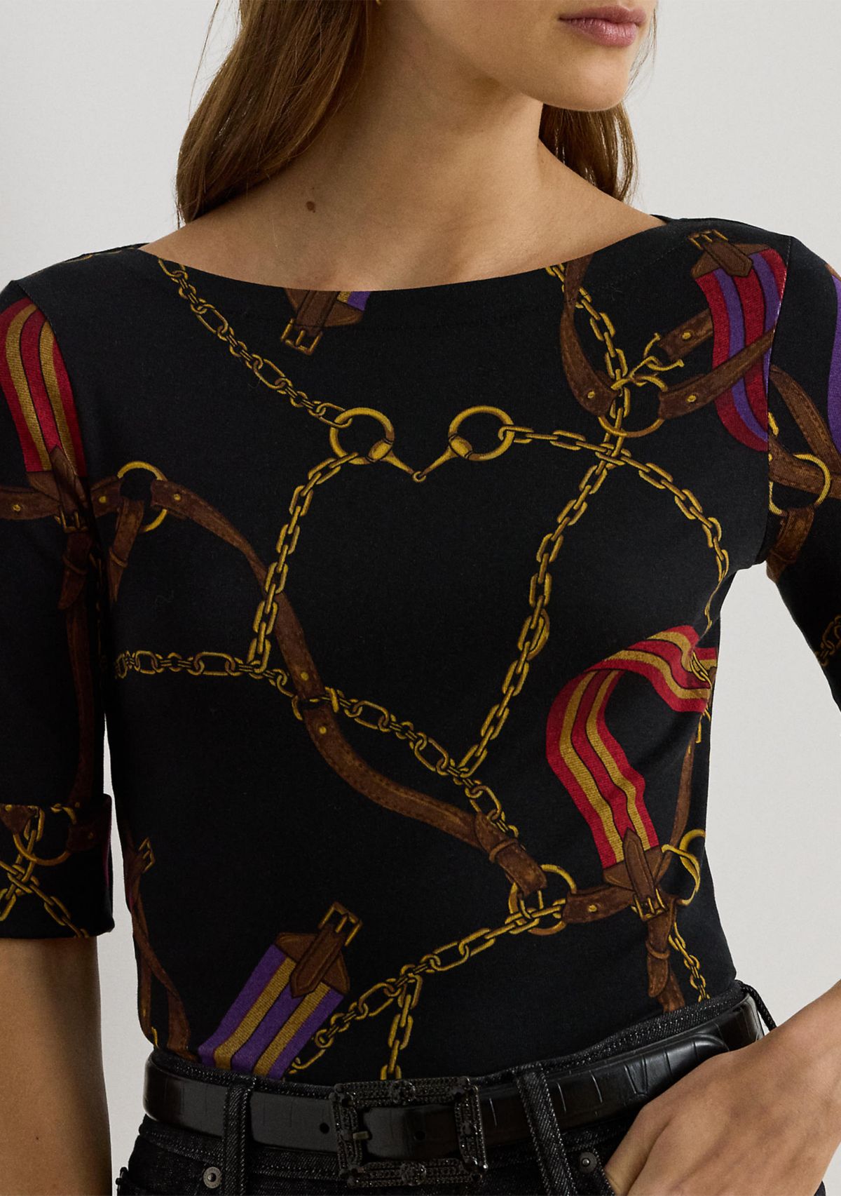 Petite Print Stretch Cotton Boatneck Top