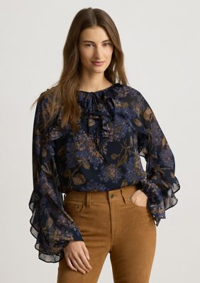 Lauren Ralph Lauren Petite Floral Ruffle-Trim Georgette Blouse, Navy Blue, PXS