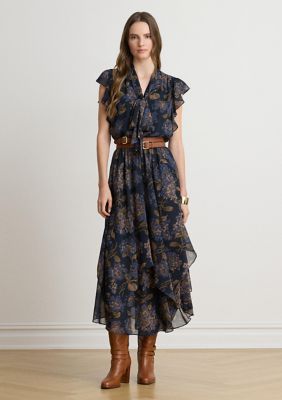 Lauren Ralph Lauren Women's Petite Floral Crinkle Georgette Tie-Neck Dress, Navy Blue, 8P