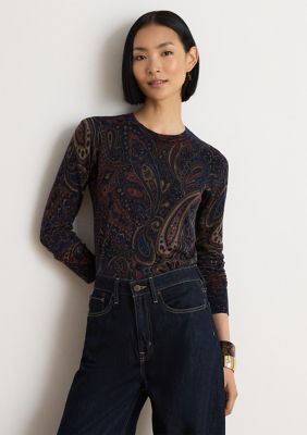 Lauren Ralph Lauren Petite Paisley Cotton-Modal Sweater, Navy Blue, PXS