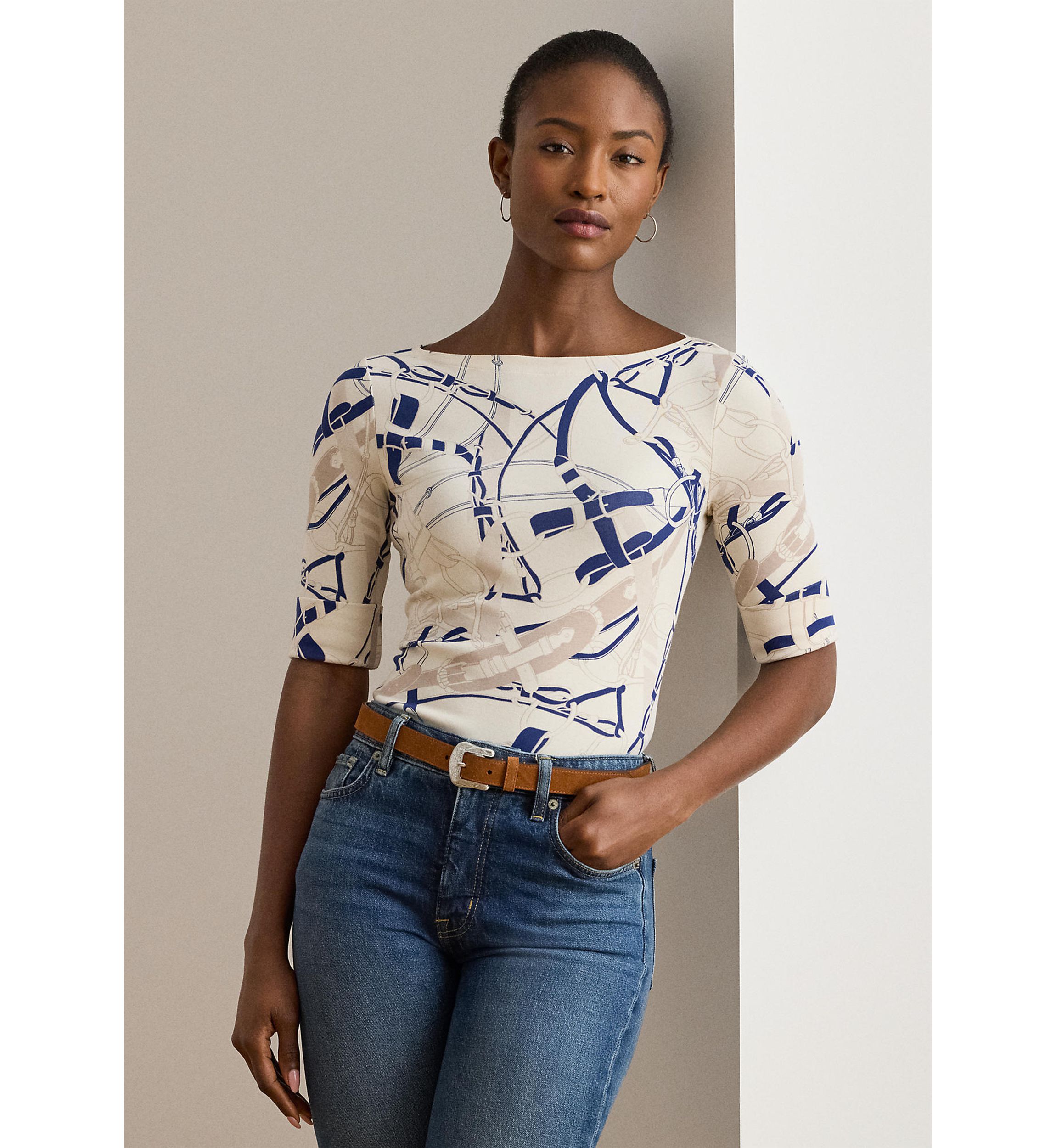 Petite Belting-Print Cotton Boatneck Tee