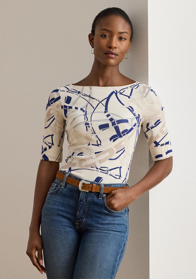 Petite Belting-Print Cotton Boatneck Tee