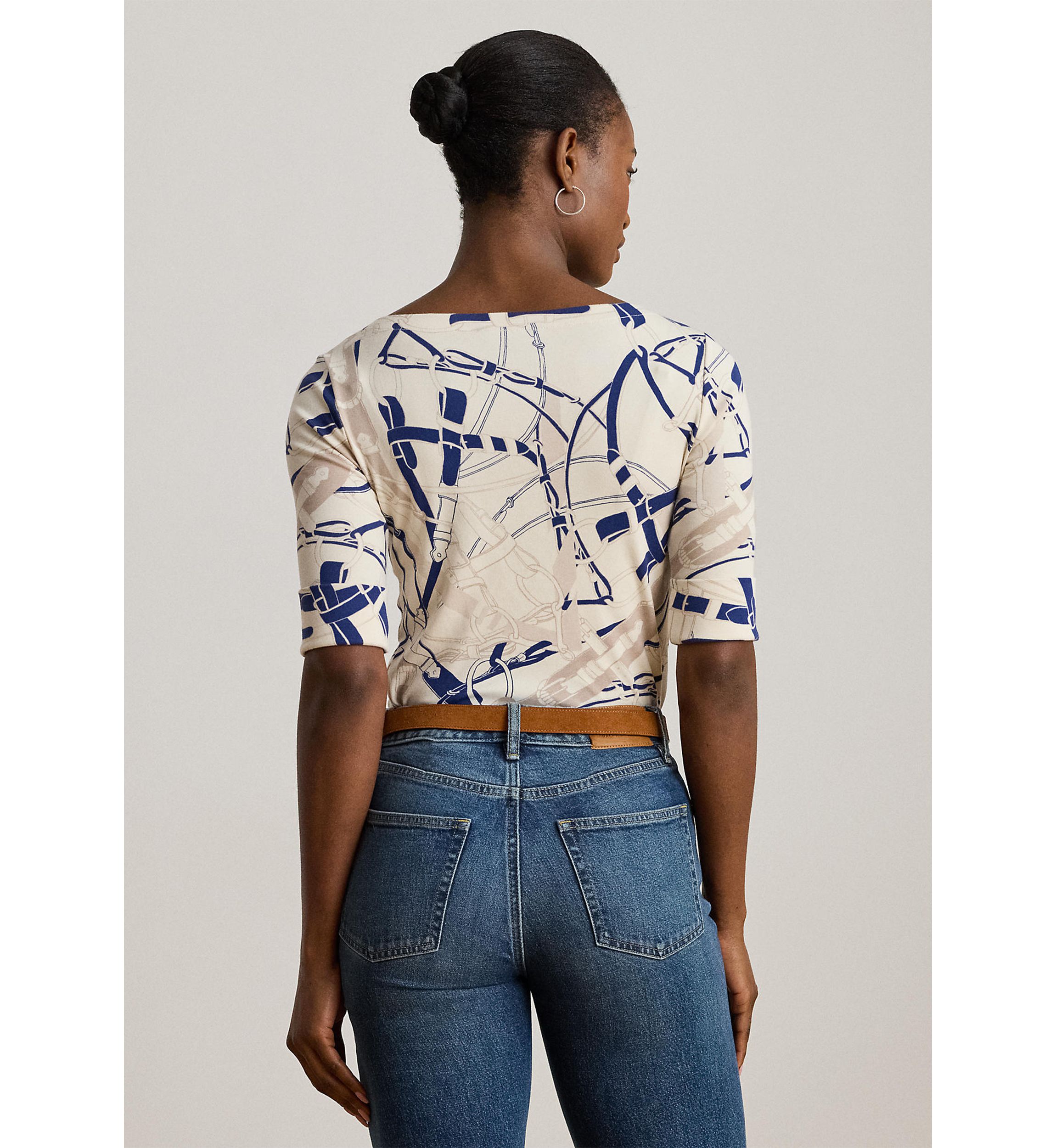 Petite Belting-Print Cotton Boatneck Tee
