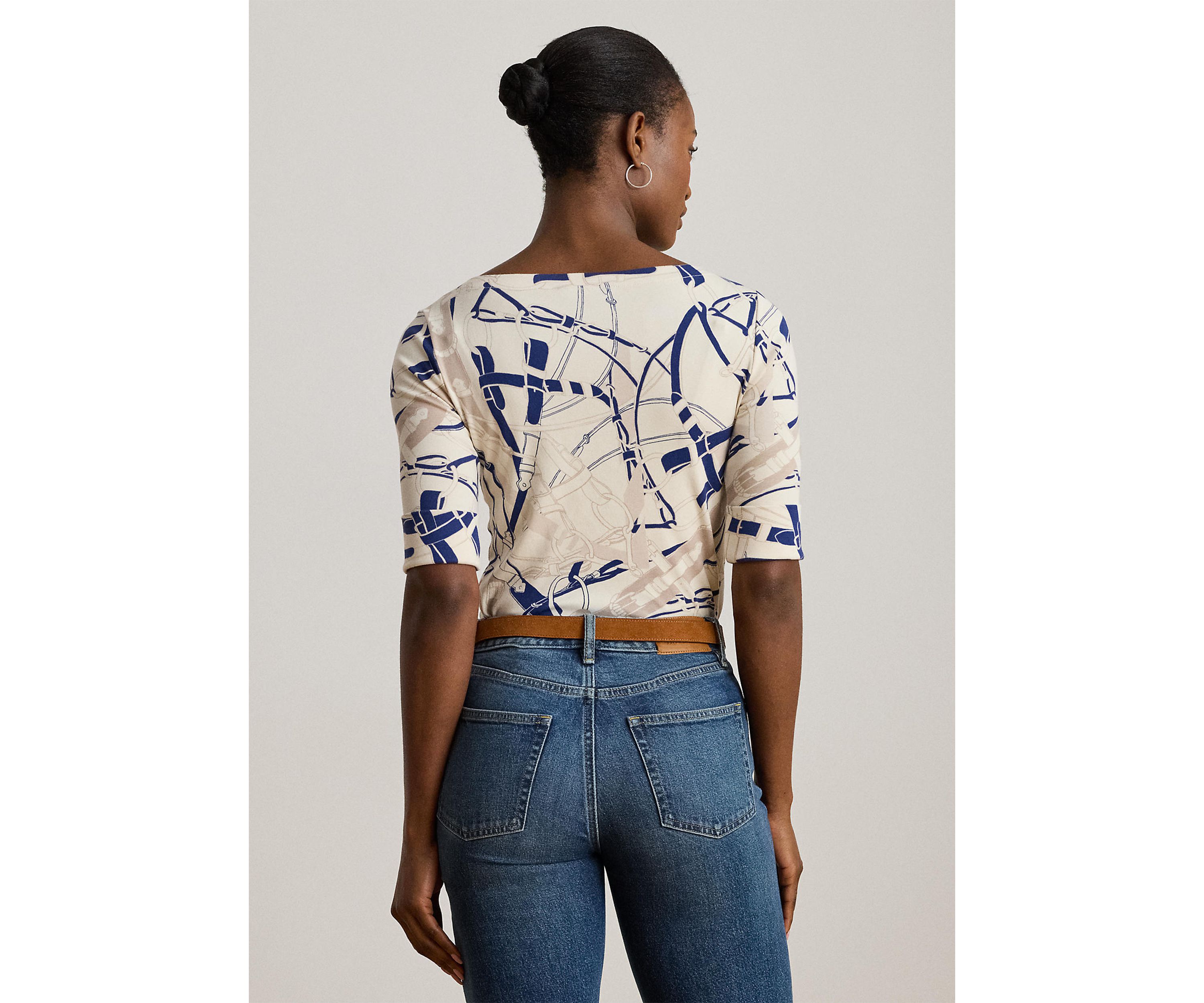 Petite Belting-Print Cotton Boatneck Tee
