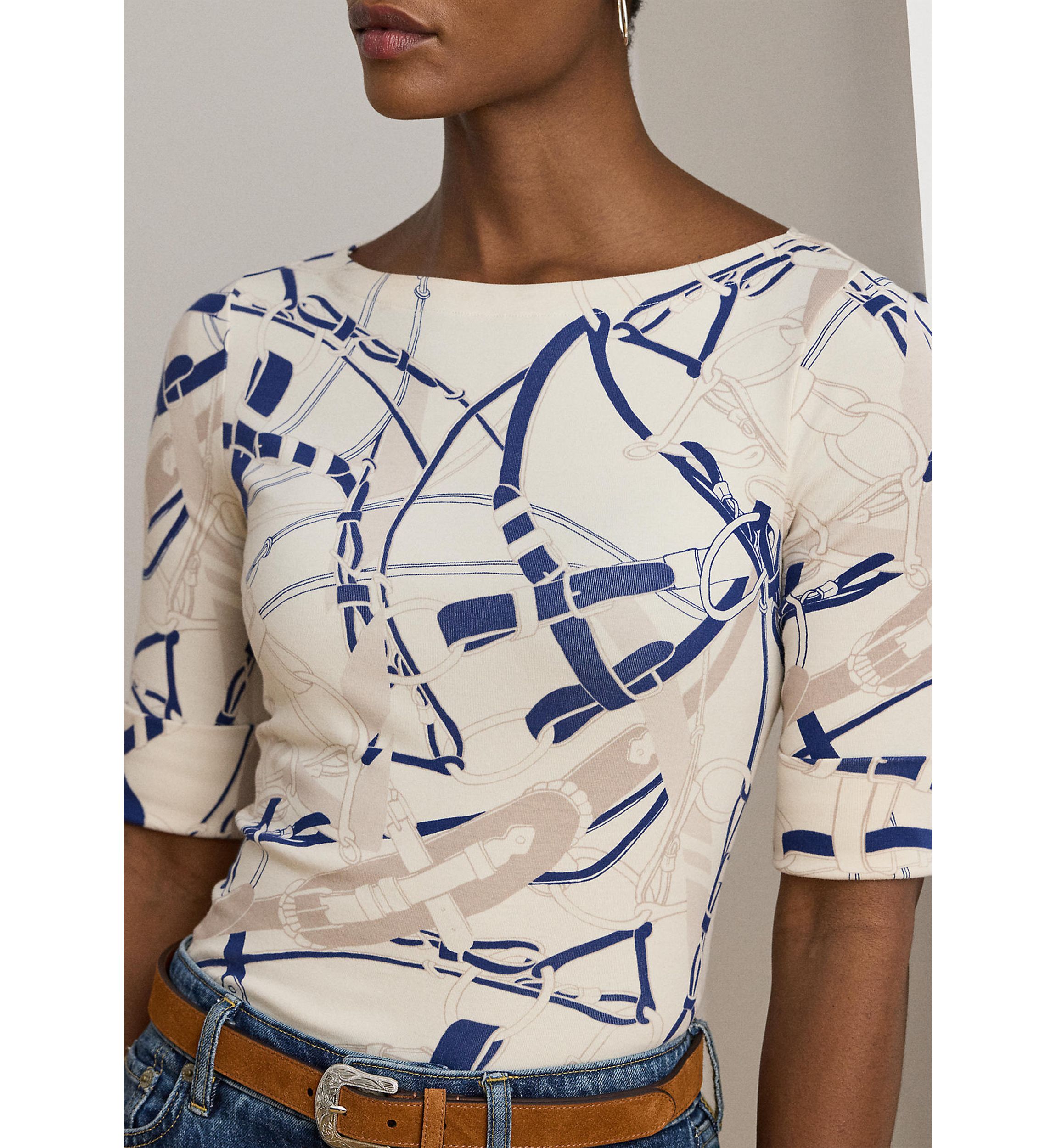 Petite Belting-Print Cotton Boatneck Tee