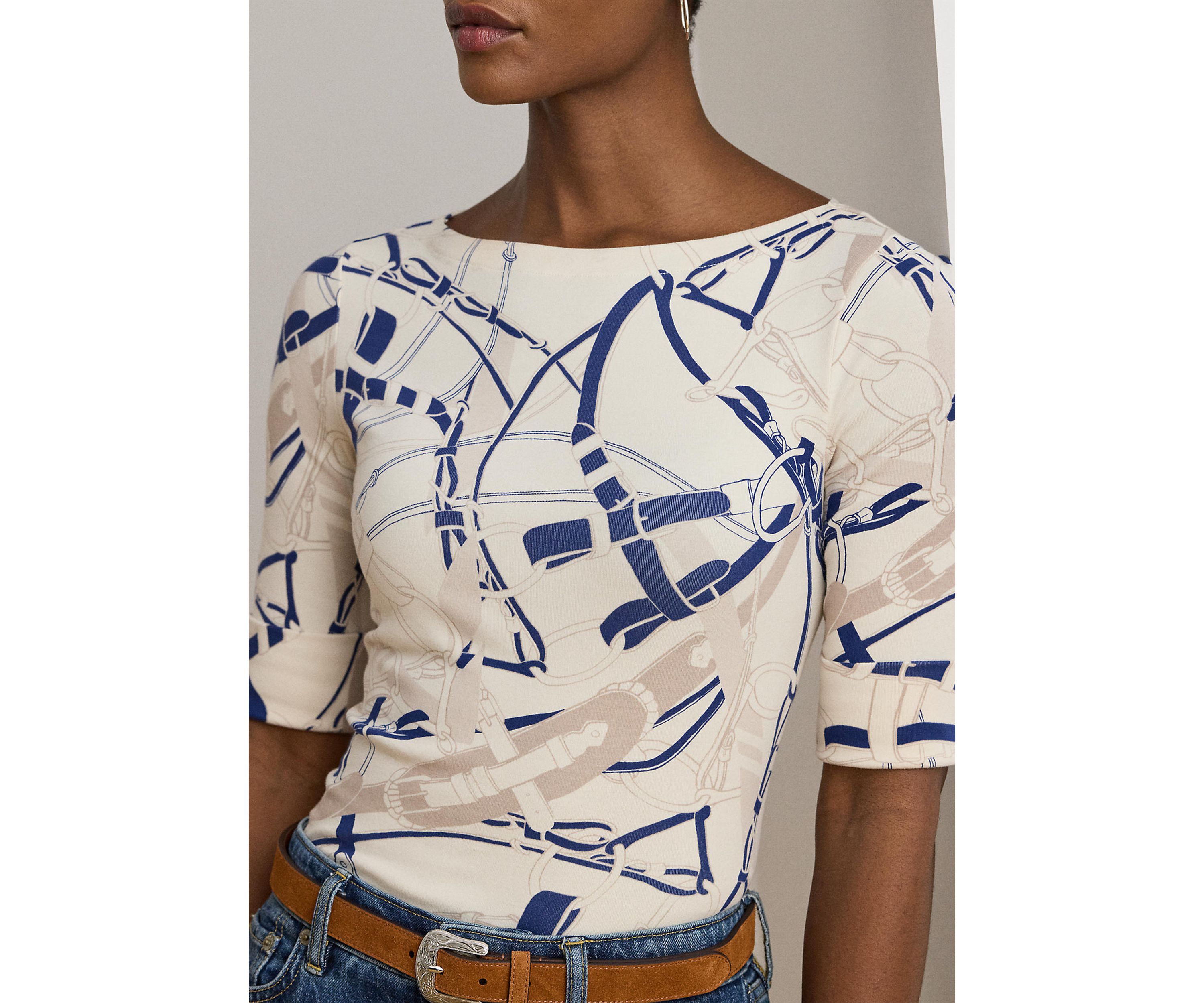 Petite Belting-Print Cotton Boatneck Tee